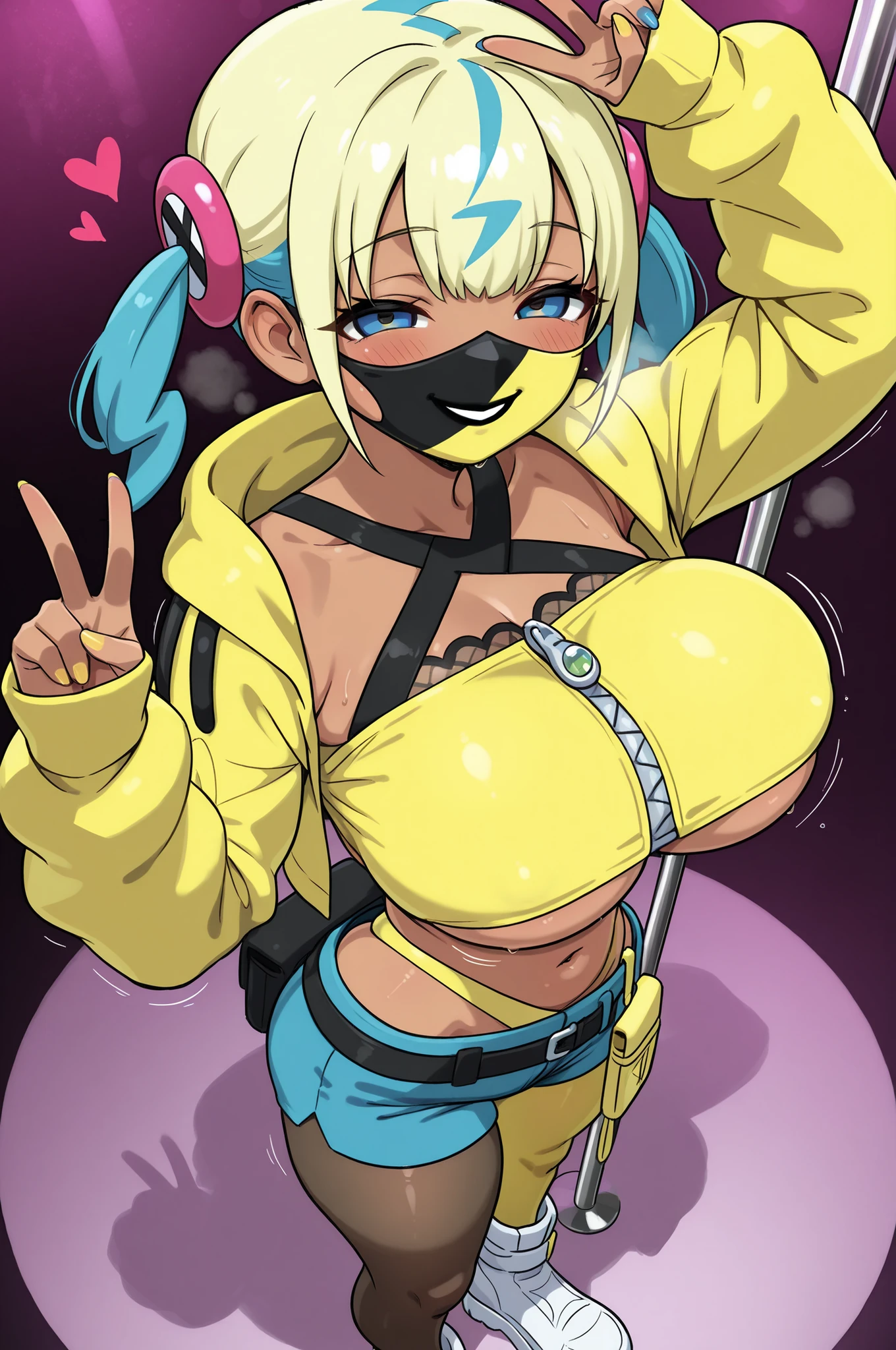 masterpiece,best quality,amazing quality,very aesthetic,absurdres,ultra detailed face,ultra detailed eyes,, 1girl, solo, , canari, dark skin, multicolored hair, two-tone hair, blonde hair, blue hair, twintails, blue eyes, hair ornament, huge breasts, underboob, navel, midriff, mouth mask, yellow jacket, hooded jacket, open jacket, long sleeves, sleeves past wrists, crop top, zipper, nail polish, yellow nails, blue nails, shorts, pouch, belt, white footwear, standing, pole dancing, seductive smile, blush, looking at viewer, v, looking at viewer, heart,pantyhose,hollow eyes,lovestruck,from above,lace bodysuits,black bra,heart ornament,chain necklace,yellow leotard,