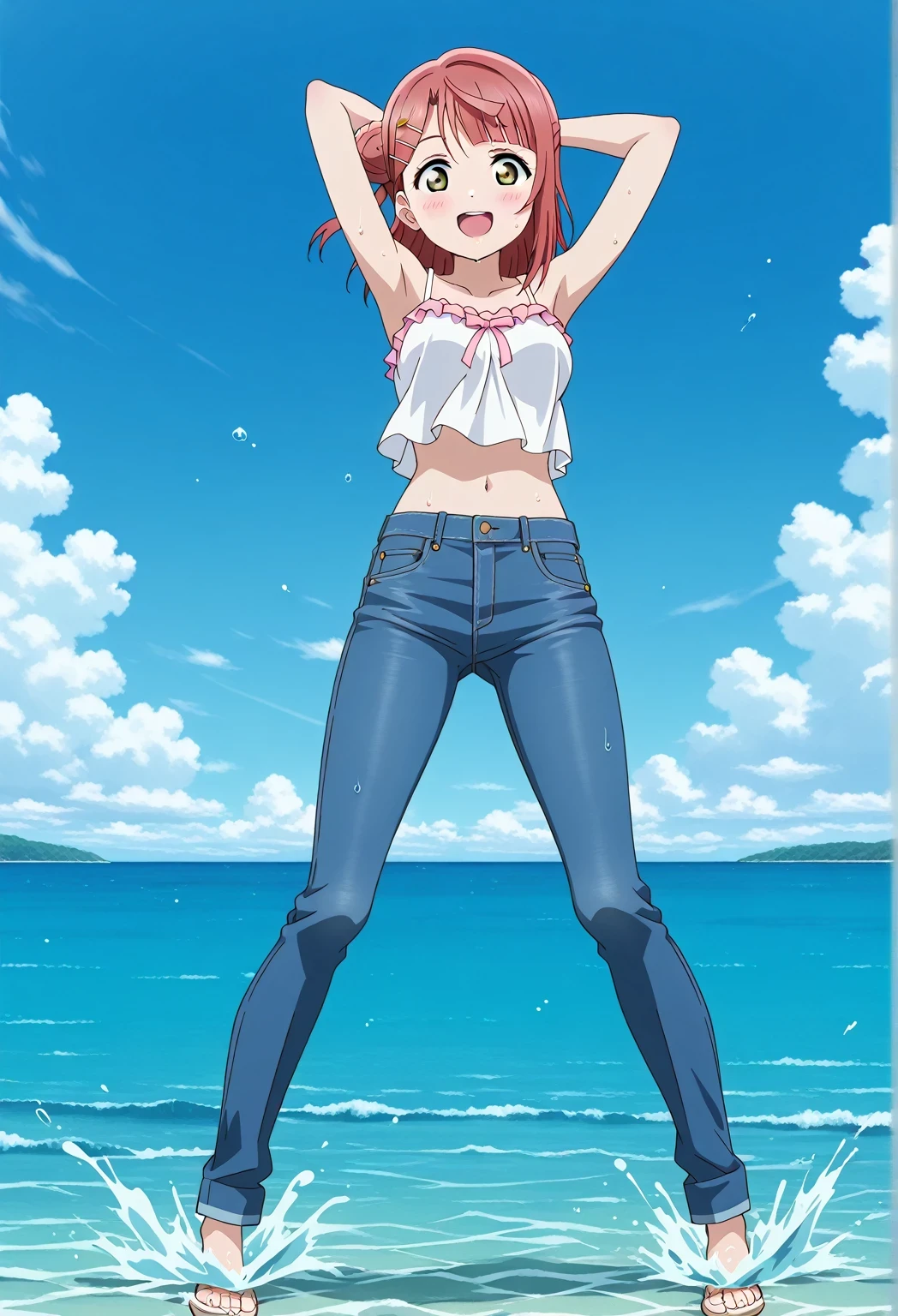 score_9, score_8_up, score_7_up, source_anime, highres, hi res, ((best quality, top quality, perfect quality, Highest Quality, amazing quality)), {{masterpiece}}, {{an extremely delicate and beautiful}}, 2d, intricate details, official style, anime, 8k, anime style, official_anime, official art, digital painting, cell shading, soft shading, high resolution, soothing tones, Subdued Color, Soft cinematic light, adobe lightroom, photolab, HDR, intricately and hyper-detailed, ((high quality animation)), 1 girl, Alone, solo, ((ocean)), tsunami, on the water, day, sunny, outdoors, sky, windy, ayumu uehara, Love Live! Nijigasaki High School Idol Club, bangs, hair ornament, green eyes, yellow eyes, red hair, hairclip, blunt bangs, medium hair, hair bun, single hair bun, half updo, hairpin, single side bun, braided bun, anime coloring, anime screencap, medium breasts, white camisole top, crop top, white crop top, best quality, hyper-detailed jeans, ((blue jeans:1.9)), (dark blue jeans:0.6), full body, medium shot, Open mouth, smiling, happy face, blush, sweat, standing, ((arms behind head:6.0)), ((perfect arm line:2.5)), perfect hand line, bowlegged, jumping pose, action, looking at viewer, spread legs, Bend knees slightly, straight-on front view, from below