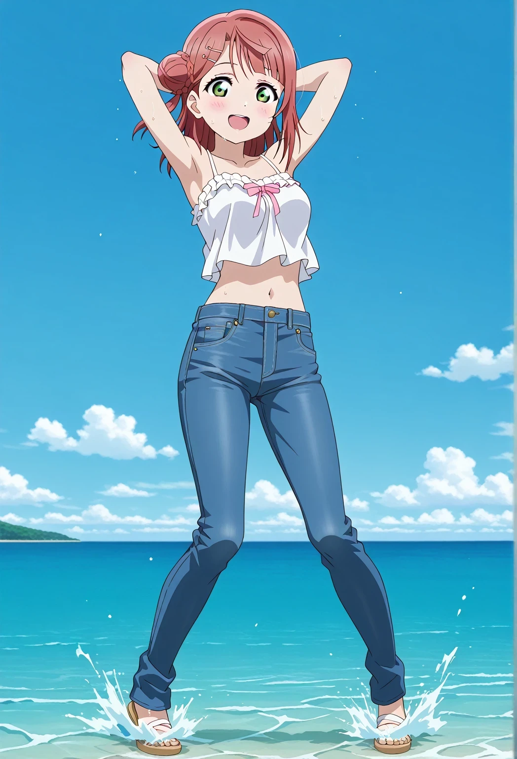 score_9, score_8_up, score_7_up, source_anime, highres, hi res, ((best quality, top quality, perfect quality, Highest Quality, amazing quality)), {{masterpiece}}, {{an extremely delicate and beautiful}}, 2d, intricate details, official style, anime, 8k, anime style, official_anime, official art, digital painting, cell shading, soft shading, high resolution, soothing tones, Subdued Color, Soft cinematic light, adobe lightroom, photolab, HDR, intricately and hyper-detailed, ((high quality animation)), 1 girl, Alone, solo, ((ocean)), tsunami, on the water, day, sunny, outdoors, sky, windy, ayumu uehara, Love Live! Nijigasaki High School Idol Club, bangs, hair ornament, green eyes, yellow eyes, red hair, hairclip, blunt bangs, medium hair, hair bun, single hair bun, half updo, hairpin, single side bun, braided bun, anime coloring, anime screencap, medium breasts, white camisole top, crop top, white crop top, best quality, hyper-detailed jeans, ((blue jeans:1.9)), (dark blue jeans:0.6), full body, medium shot, Open mouth, smiling, happy face, blush, sweat, standing, ((arms behind head:6.0)), ((perfect arm line:2.5)), perfect hand line, bowlegged, jumping pose, action, looking at viewer, spread legs, Bend knees slightly, straight-on front view, from below