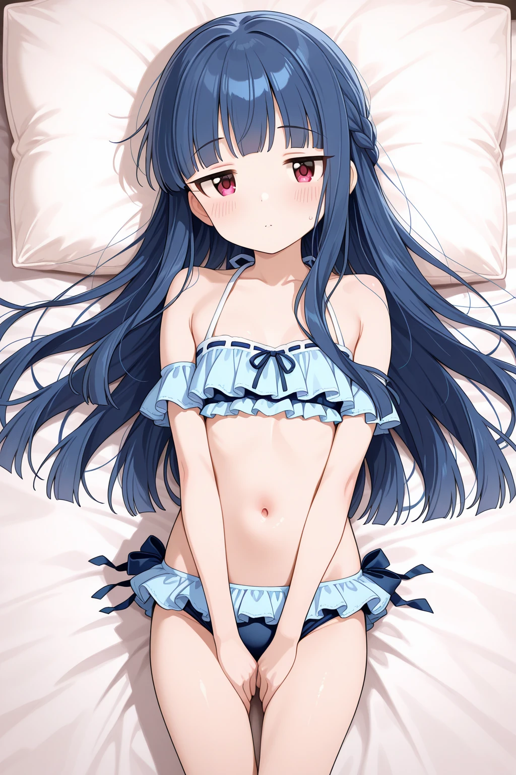 small breasted girl, short, elementary school student, blue hair, long hair, blue eyes, round eyes, shy, shy, , short, young face, short height, , ,Lingerie Set，bed，bed,lying on back