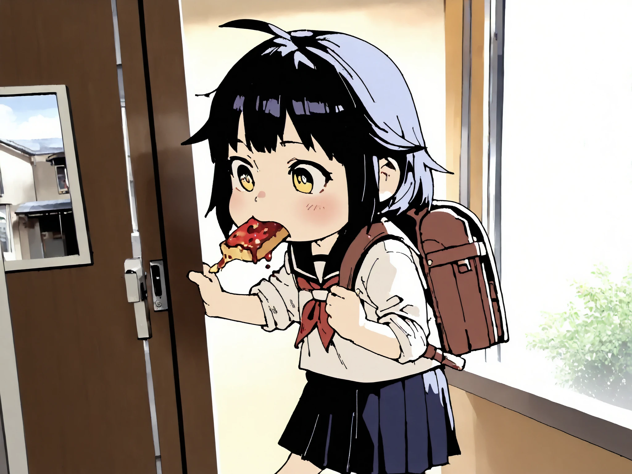 ((masterpiece, highest quality, photorealistic, raw photo, extremely detailed 8k wallpaper)), Dawn bathes the scene in a warm, golden light that filters between the buildings, making the asphalt, still damp with dew, glisten. In the center of the frame, a girl of about sixteen runs briskly down a residential street, captured mid-stride: one foot suspended in the air, the other barely touching the ground. Her school uniform skirt flaps behind her, twisted, revealing the edge of a dropped stocking; her white shirt is buttoned askew, one sleeve rolled up and the collar askew. A piece of toast spread with strawberry jam peeks out from her mouth, leaving a small trail of crumbs in the air. Her backpack hangs open over one shoulder, a notebook sticking out, precariously precarious, its pages flapping in the breeze.

The background reveals the urgency in every detail: an overturned bicycle by a gate, a half-open door revealing a mother, still in her bathrobe, calling something from the doorway.  The first rays of sunlight illuminate the disheveled strands of her hair, which seem to move of their own accord, and reflect the gleam in her eyes, a mixture of sleepiness and despair. In the distance, a flock of pigeons takes flight, startled by her frantic running. The air vibrates with the contrast between the student's personal chaos and the neighborhood's morning calm: the still trees, the long shadows, the steam rising from a forgotten coffee cup on a windowsill. Everything seems suspended for a moment, as if the whole world were holding its breath at the frenetic pace of an ordinary morning. realistic, detailed, cinematic, 4k, ultra-detailed,masterpiece,hdr,cute art style, chibi female,