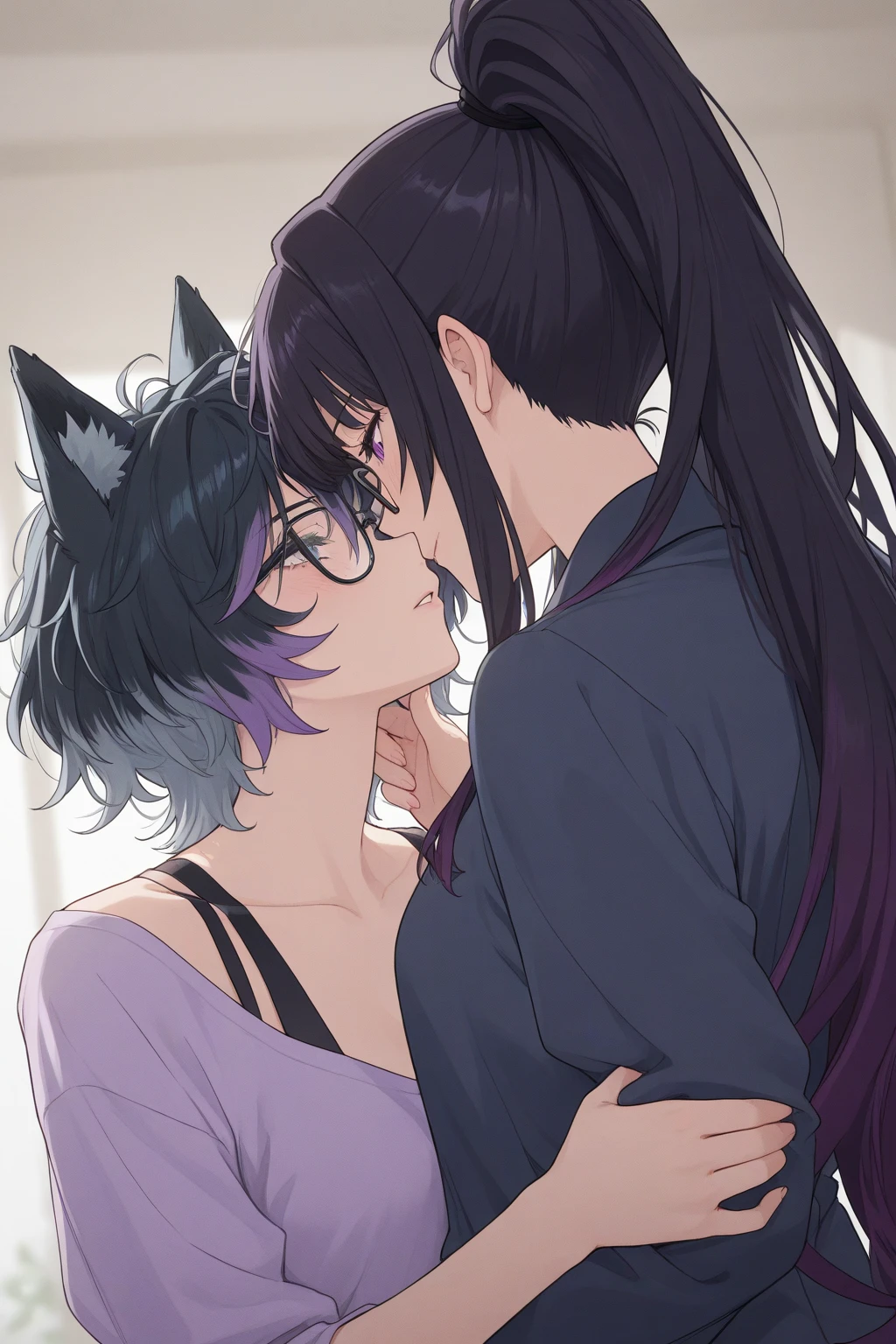 score_9,score_8_up,score_7_up, (a young nerdy Anthro furry wolf woman, wolf snout, white furry body, tall, awkward, long black messy hair, hair covering one eye, Blue eyes, black glasses, thick thighs, small breasts), ,  ,  , human male is  her , facelesss human male, human male is cropped out, wearing only black thigh high socks 