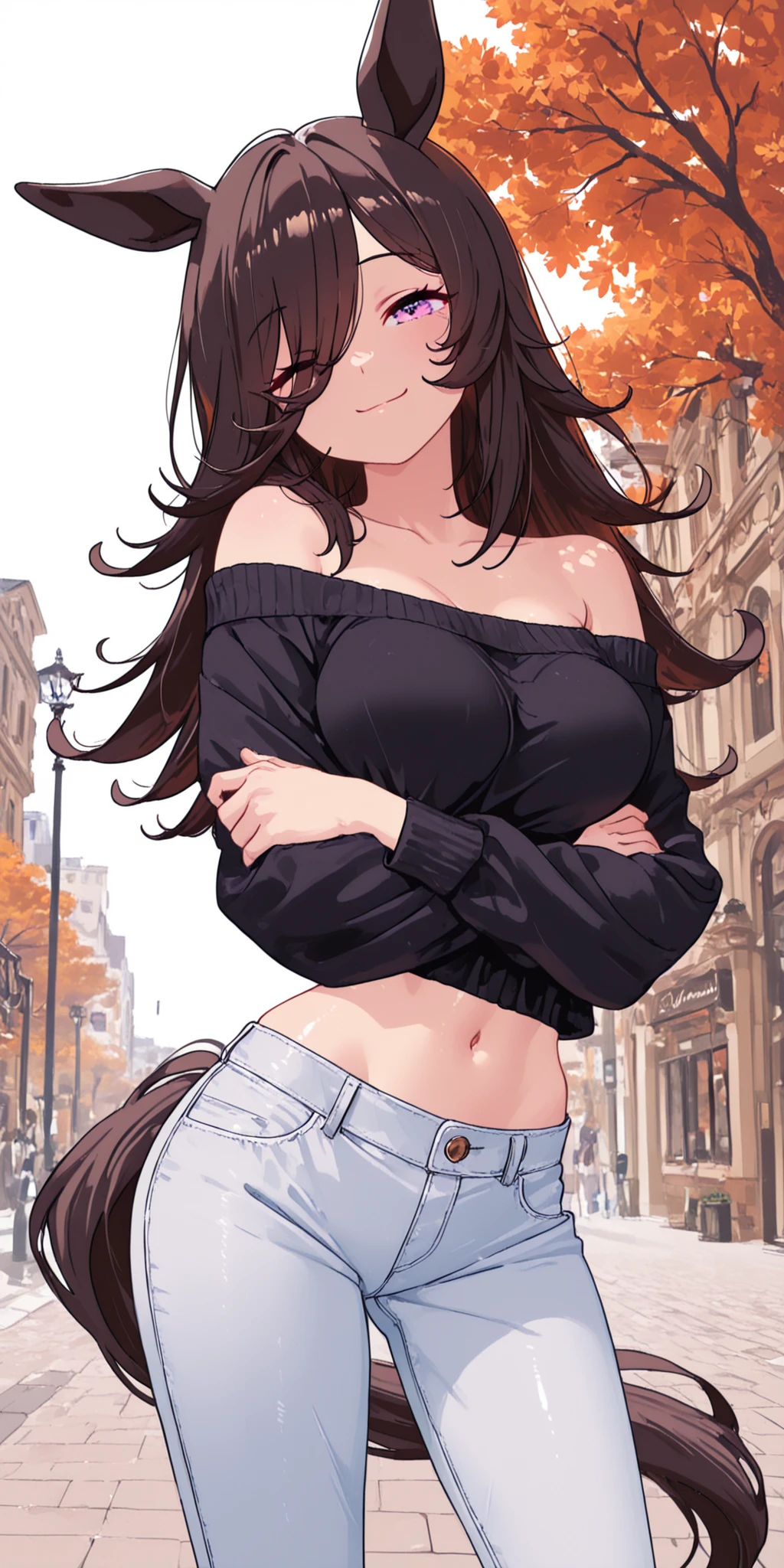 1girl,solo,rice shower (umamusume), horse girl,city,street,autumn,casual style,hair over one eye,

off-shoulder (black) sweater into one-shoulder wrap, (White) jeans,
jeans below the hip,low rise jeans,

sexy front view, contrapposto,, legs apart, with crossed arms,(one eye closed,wink), dynamic pose, stylish pose, provocative pose,simple background,White background,


tall, attractive, big cute eyes, small waist, wide hips, long torso, sexy, defined groin lines, defined pelvis, flat tummy, fit, skinny, sexy body, supermodel, sexiest body, ridiculously sexy, sexy long legs, sexy muscular legs, round breast, defined breast, flirtatious, seductive, zany face,

masterpiece, best quality, (anime coloring), ultra detailed, high resolution,
skin translucency, smooth skin, moist skin, silky skin texture,
detailed eyes, reflections in eyes,
detailed hair, shiny hair, 8k, illustration,epic scenery, SuperDetailers_NAI, neghand