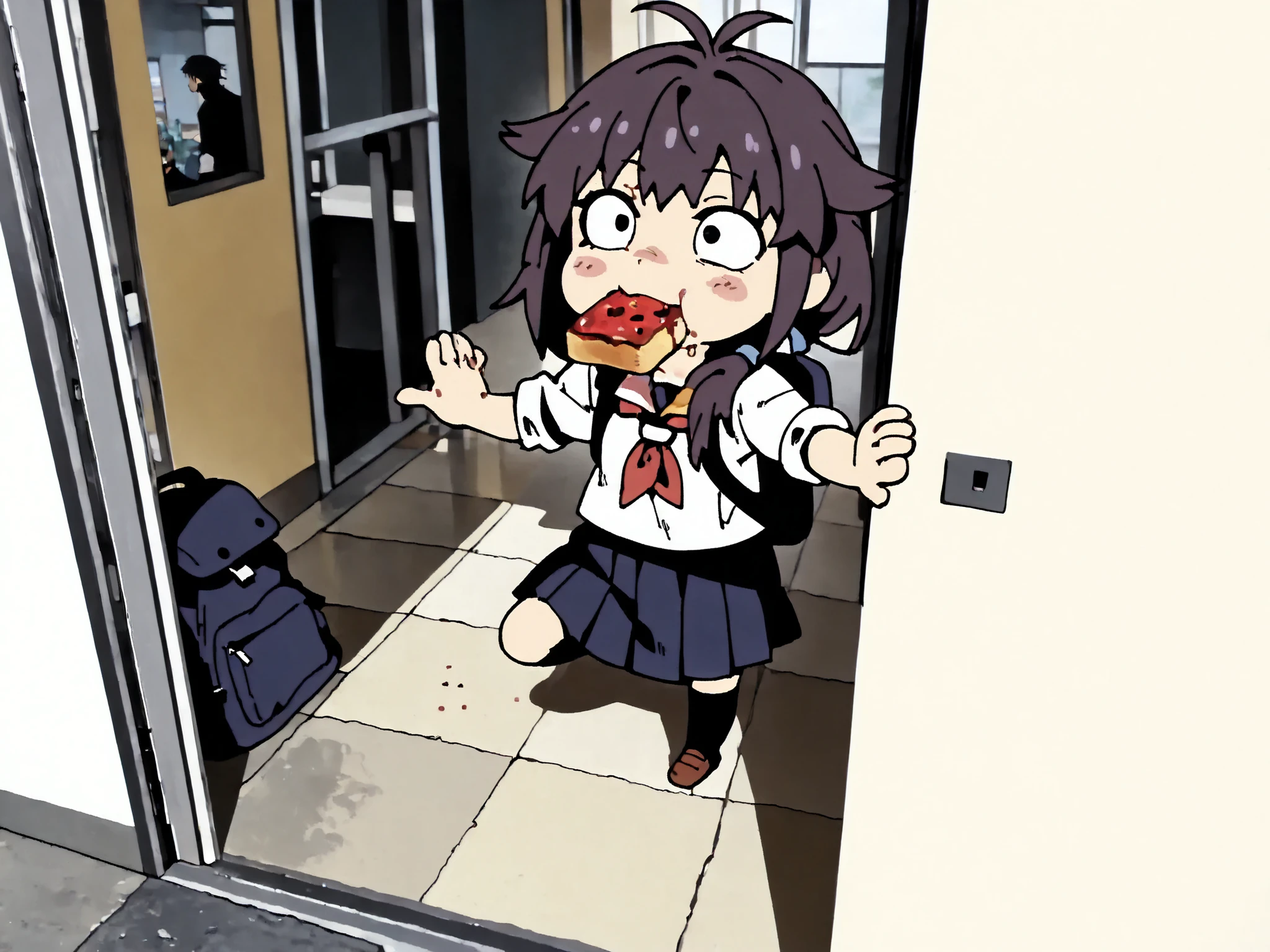 ((masterpiece, highest quality, photorealistic, raw photo, extremely detailed 8k wallpaper)), Dawn bathes the scene in a warm, golden light that filters between the buildings, making the asphalt, still damp with dew, glisten. In the center of the frame, a girl of about sixteen runs briskly down a residential street, captured mid-stride: one foot suspended in the air, the other barely touching the ground. Her school uniform skirt flaps behind her, twisted, revealing the edge of a dropped stocking; her white shirt is buttoned askew, one sleeve rolled up and the collar askew. A piece of toast spread with strawberry jam peeks out from her mouth, leaving a small trail of crumbs in the air. Her backpack hangs open over one shoulder, a notebook sticking out, precariously precarious, its pages flapping in the breeze.

The background reveals the urgency in every detail: an overturned bicycle by a gate, a half-open door revealing a mother, still in her bathrobe, calling something from the doorway.  The first rays of sunlight illuminate the disheveled strands of her hair, which seem to move of their own accord, and reflect the gleam in her eyes, a mixture of sleepiness and despair. In the distance, a flock of pigeons takes flight, startled by her frantic running. The air vibrates with the contrast between the student's personal chaos and the neighborhood's morning calm: the still trees, the long shadows, the steam rising from a forgotten coffee cup on a windowsill. Everything seems suspended for a moment, as if the whole world were holding its breath at the frenetic pace of an ordinary morning. realistic, detailed, cinematic, 4k, ultra-detailed,masterpiece,hdr,cute art style, chibi female,