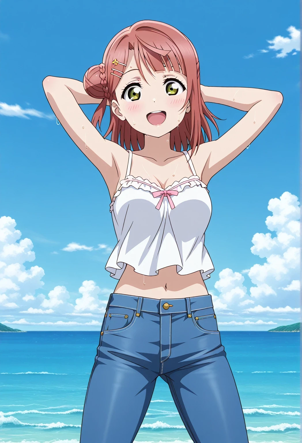 score_9, score_8_up, score_7_up, source_anime, highres, hi res, ((best quality, top quality, perfect quality, Highest Quality, amazing quality)), {{masterpiece}}, {{an extremely delicate and beautiful}}, 2d, intricate details, official style, anime, 8k, anime style, official_anime, official art, digital painting, cell shading, soft shading, high resolution, soothing tones, Subdued Color, Soft cinematic light, adobe lightroom, photolab, HDR, intricately and hyper-detailed, ((high quality animation)), 1 girl, Alone, solo, ((ocean)), tsunami, on the water, day, sunny, outdoors, sky, windy, ayumu uehara, Love Live! Nijigasaki High School Idol Club, bangs, hair ornament, green eyes, yellow eyes, red hair, hairclip, blunt bangs, medium hair, hair bun, single hair bun, half updo, hairpin, single side bun, braided bun, anime coloring, anime screencap, medium breasts, white camisole top, crop top, white crop top, best quality, hyper-detailed jeans, ((blue jeans:1.9)), (dark blue jeans:0.6), full medium body, cowboy shot, Open mouth, smiling, happy face, blush, sweat, standing, ((arms behind head:6.0)), ((perfect arm line:2.5)), perfect hand line, bowlegged, jumping pose, action, looking at viewer, spread legs, Bend knees slightly, straight-on front view, from below