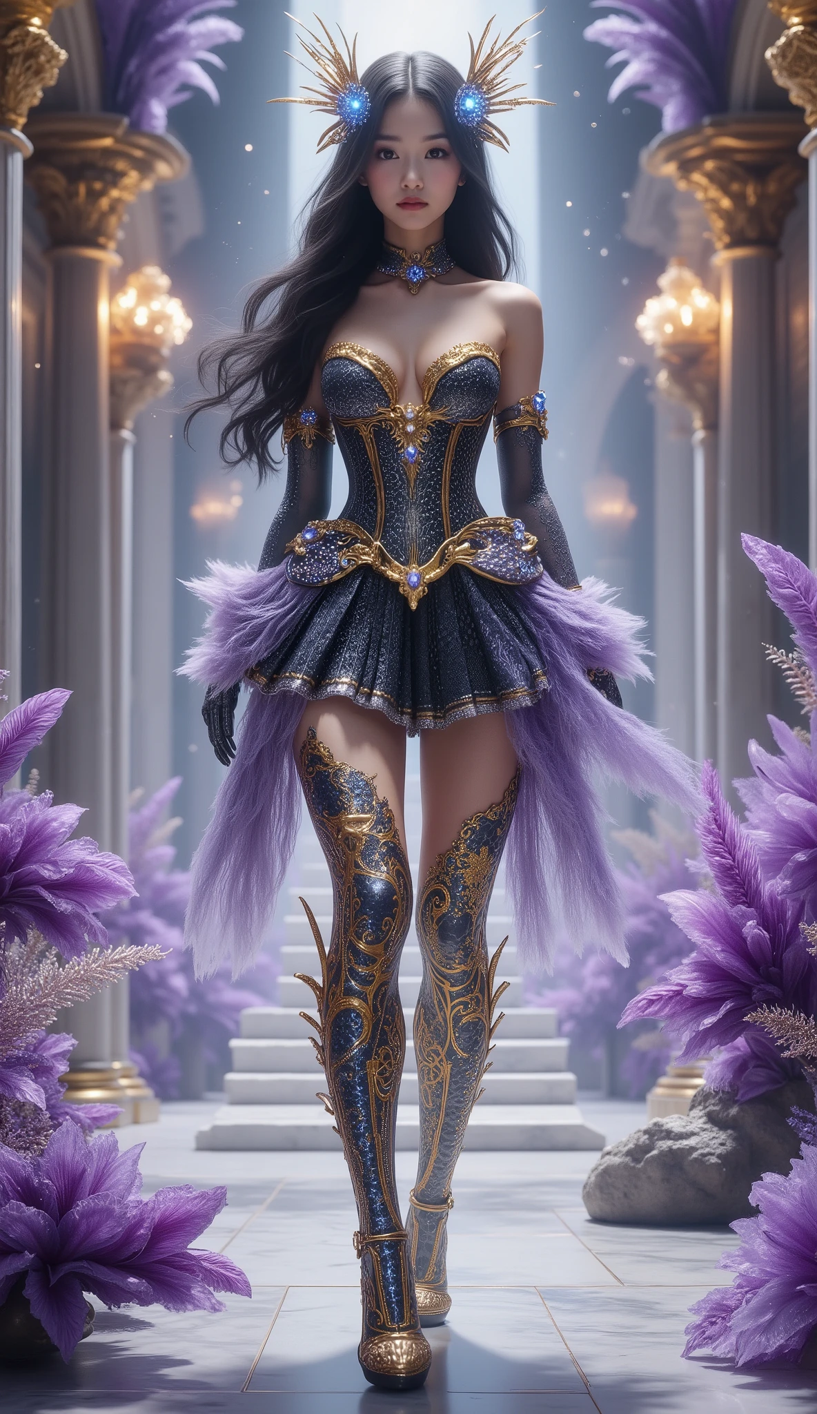 Long shot, full body shot, hyper detail, hyper detail clothing texture, 17-year-old young Asian girl with a cute face with sweet appearance and white skin, tall oily body, slim and small belly, wide waist, long and sexy muscular legs, and big breasts. wearing a strapless V-cut corset with a deep cleavage snake scale that reveals her navel, shaped by very tight black diamonds with intricate details, a pleated mini skirt and nylon stockings with sexy high gold lace with detailed motifs, she also wears high-heeled stilettos with straps, reminiscent of a fantasy style. The work features intricate details, including sparkling blue gemstones and feather-like textures and flashes of blue light that decorate the tight corset, The shiny paint on the corset adds a sense of fantasy, while her long black hair flows in waves over her shoulders, walking in a large fantasy hall with wide marble stairs, shining purple crystals, flowering magical plants, and towering classical columns. A thin mist drifts in the middle of the scene, illuminated by golden chandeliers. The color palette combines purple, silver, and white, creating a refined, elegant atmosphere under the starry sky.