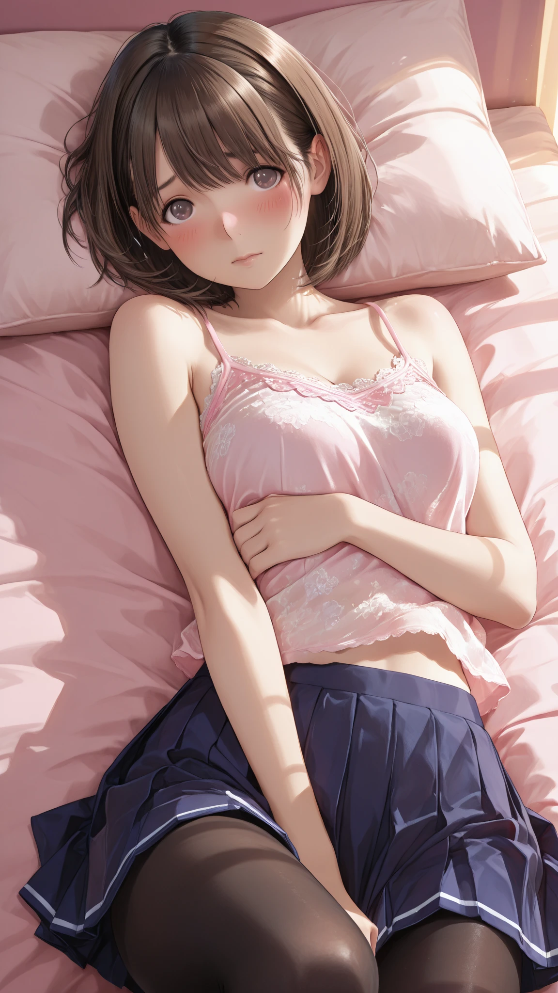 Cute face like a 16-year-old idol　Wearing pink pajamas　Sleeping with a high fever　Sweating on the face and chest　Medium Bust　Cleavage　I have a high fever、'Lying in bed and sleeping.　In a dark room　Natural light　whole body　whole bodyポートレート　RAW Photos　Indistinguishable from live-action　Genuine　Real Stick　realism　Artistic Expression　Highly artistic　masterpiece　High resolution　RAW Photos