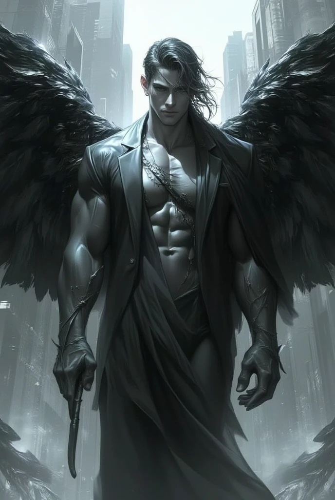Photo-realistic, ((best quality)), ((masterpiece)), (detailed), short wavy hair, perfect face, the devil, masculine portrait of the devil, personification of The Devil, (evil look), super pale skin, massive huge majestic black angel wings, black wings, angel wings, devil wings, 2 wings, 18-year-old, super male model, handsome, tall, cute looking, evil look, dark look powerful, young male model, handsome mythical creature, super strong, muscular, fit, massive muscles, six pack, clean shave, blue eyes, white skin, pale skin, super pale skin, white pale skin, albino skin, wavy messy brown hair, short messy hair, messy wavy hair, (:1.5), -chested, muscle, ripped, strong body, fit body, , fully , , , , 1 perfect , 1 amazing , 1 nice , 1 beautiful , 1 amazing , 1 good , 1 male , perfect gland, nice gland, amazing gland, perfect , amazing , nice , great , male , male , male structure,, Dark background 8k, high detailed, ultra-detailed, Stylish Pose, mist, fog, mysterious, (Dark background:1.6), (dark cinematic:1.5), (backlight) (ruins Gothic cathedral:1.2), ruins, , low flooded
