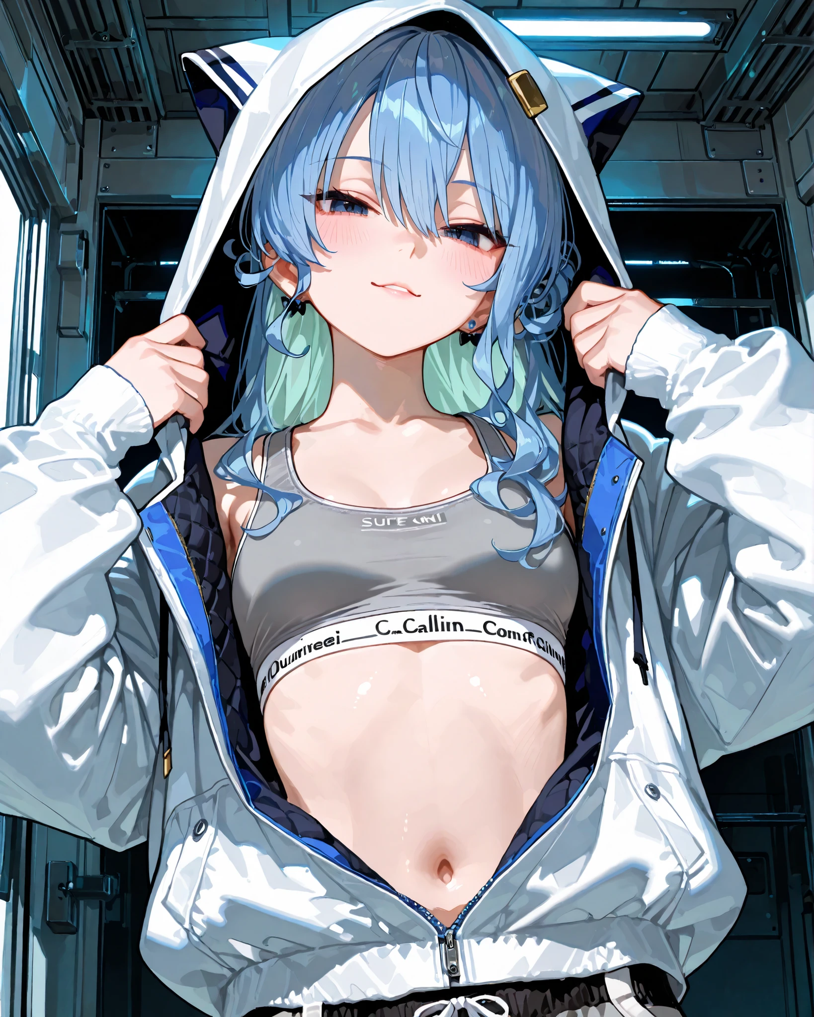 1 sexy gal , Hoshimachi Suisei_(ホロライブ), solo, (masterpiece, top quality, highly detailed depiction, incredibly high resolution, high quality anime picture), (voluminous A-line silhouette), (seductive gestures),
A young woman is seen wearing a comfortable, casual outfit composed of a hoodie and matching sweatpants. The hoodie, unzipped halfway, reveals a gray Calvin Klein sports bra underneath, adding a subtle touch of branding with its band visible beneath the hoodie. contrasting against the light color of her clothing. The setting appears to be indoors, possibly in a modern, industrial-style space with visible overhead beams and ductwork. The lighting is natural and soft, suggesting daylight. The overall atmosphere is relaxed and informal, with the clothing and setting conveying a sense of leisure and comfort. Her posture, with her hands lifting the hood, suggests a casual and laid-back demeanor.sexual expression, lewd expression, pink cheeks, provocative, half-open eyes, Yandere style, posing with her body, lewd pose, high definition seductive pose, masterpiece, realistic anatomy, high quality, detail, HD, high detail, high resolution, quality, retina, very detailed, super high temperature.