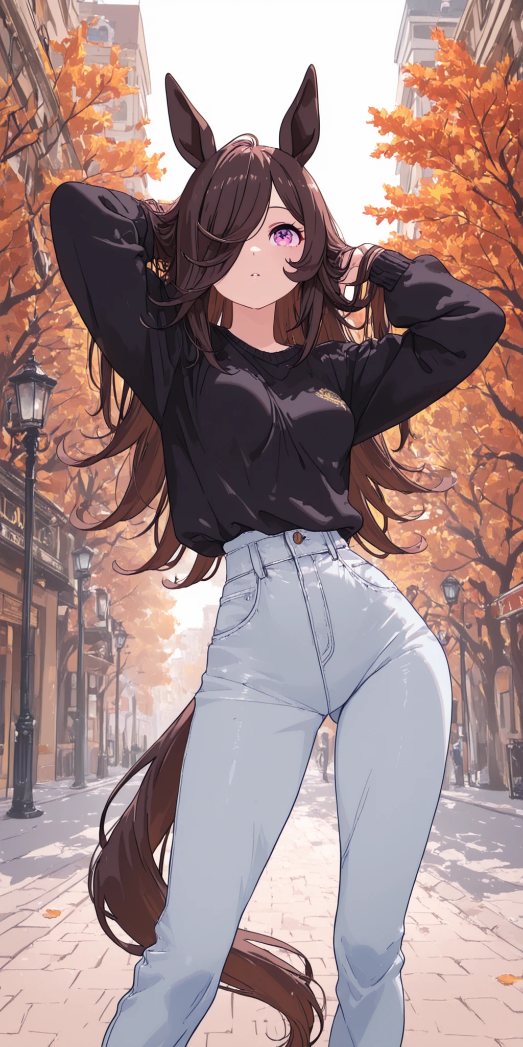1girl,solo,rice shower (umamusume), horse girl,city,street,autumn,casual style,hair over one eye,small breasts,

 oversized (black) sweater,botanical embroidery, (White) jeans,
jeans below the hip,low rise jeans,

sexy front view, contrapposto,, legs apart, with Adjusting hair, dynamic pose, stylish pose, provocative pose,


tall, attractive, big cute eyes, small waist, wide hips, long torso, sexy, defined pelvis, fit, skinny, sexy body, supermodel, sexiest body, ridiculously sexy, sexy long legs, sexy muscular legs, round breast, defined breast, flirtatious, seductive, zany face,

masterpiece, best quality, (anime coloring), ultra detailed, high resolution,
skin translucency, smooth skin, moist skin, silky skin texture,
detailed eyes, reflections in eyes,
detailed hair, shiny hair, 8k, illustration,epic scenery, SuperDetailers_NAI, neghand