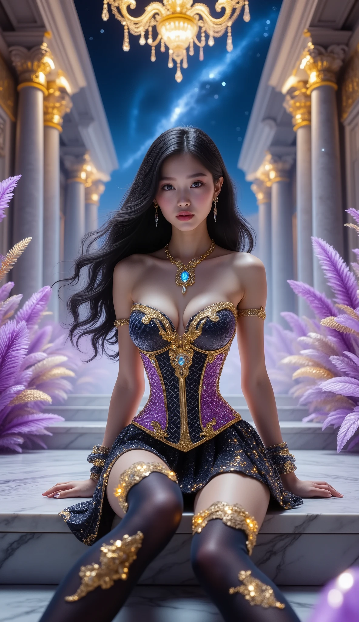 Long shot, shot on below, full body shot, hyper detail, hyper detail clothing texture, 17-year-old young Asian girl with a cute face with sweet appearance and white skin, tall oily body, slim and small belly, wide waist, long and sexy muscular legs, and big breasts. wearing a pinky strapless V-cut corset with a deep cleavage snake scale that reveals her navel, shaped by very tight black diamonds with intricate details, a pleated mini skirt and nylon black stockings with sexy high gold lace with detailed motifs, she also wears high-heeled stilettos with straps, reminiscent of a fantasy style. The work features intricate details, including sparkling blue gemstones and feather-like textures and flashes of blue light that decorate the tight corset, The shiny paint on the corset adds to the fantasy feel, while her long black hair flows in waves over her shoulders, sitting on the steps in a large fantasy hall with wide marble stairs, shining purple crystals, flowering magical plants, and towering classical columns. A thin mist drifts in the middle of the scene, illuminated by a golden chandelier. The color palette combines purple, silver, and white, creating a refined, elegant atmosphere under the starry sky.