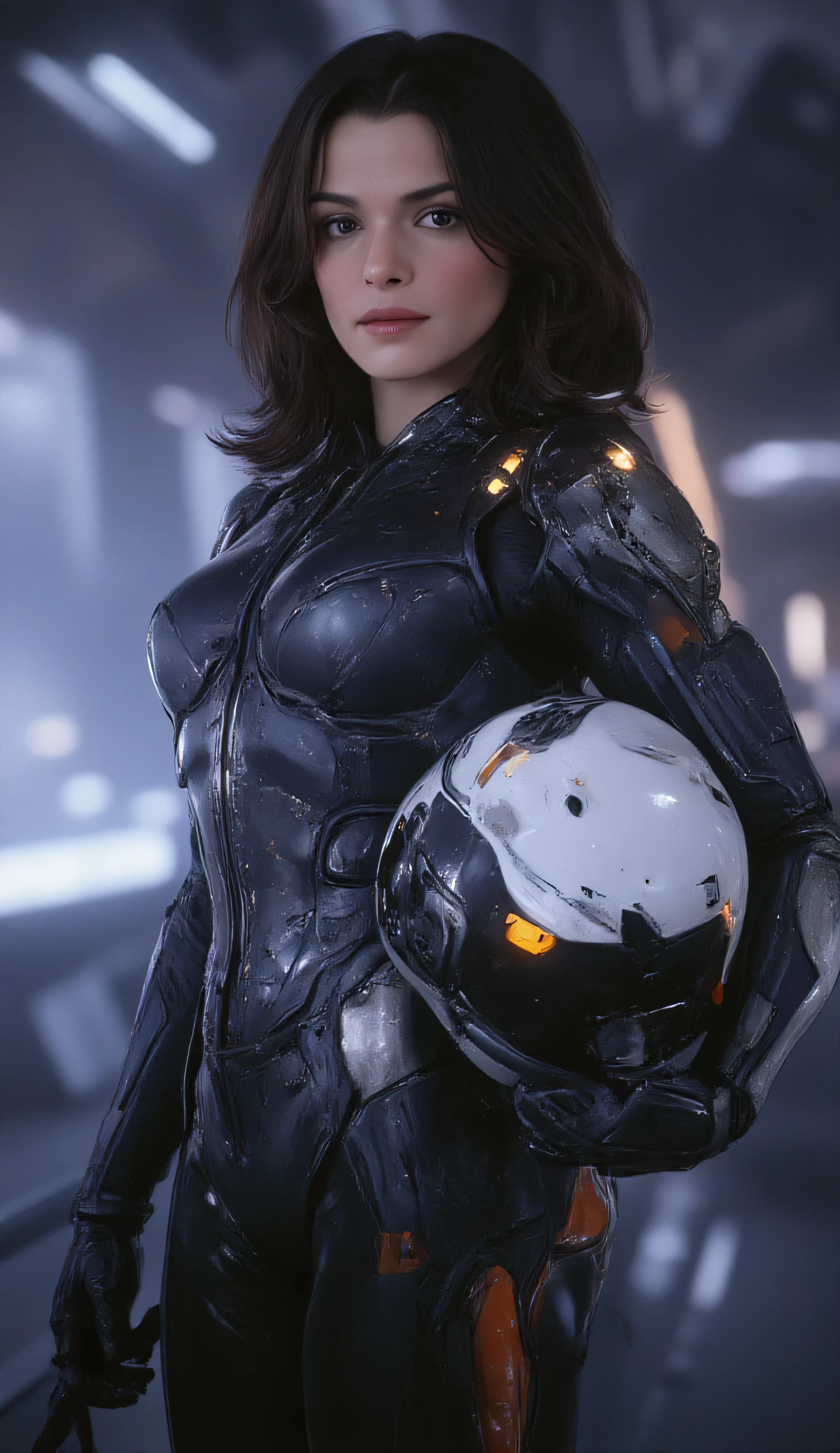 Rachel Weisz as Miranda Lawson, Mass Effect, full body view, cowboy shot, realistic sci-fi portrait, confident officer, futuristic armor, holding sleek white and black helmet under her arm, armor features, orange and gray accents, mechanical joints, glowing details, functionality and elegance, shoulder-length hair, calm eyes, slight knowing smile, space ship background, softly lit, polished texture, Mass Effect-inspired aesthetic, cinematic lighting, high detail, photorealistic sci-fi realism, professional studio composition