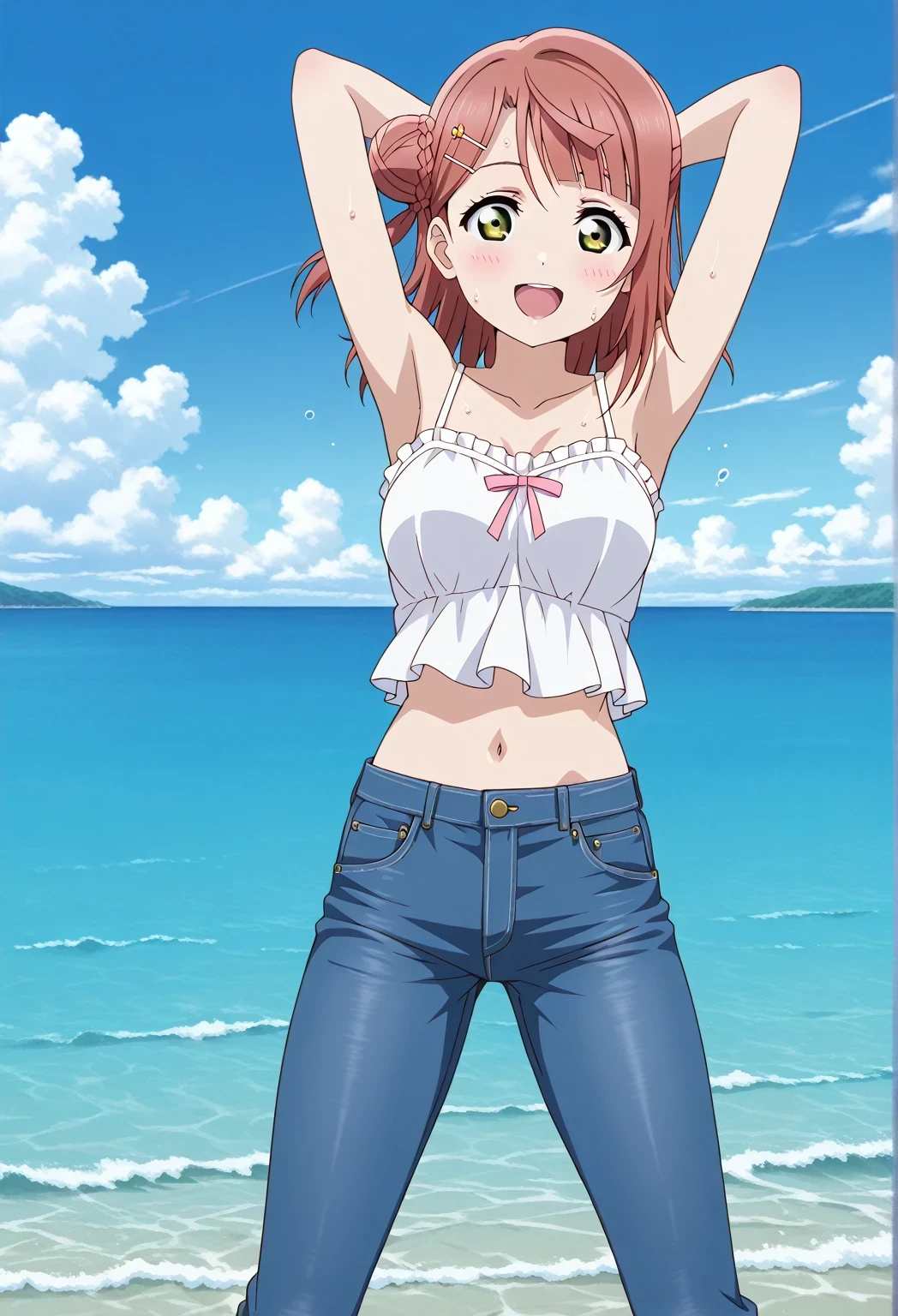 score_9, score_8_up, score_7_up, source_anime, highres, hi res, ((best quality, top quality, perfect quality, Highest Quality, amazing quality)), {{masterpiece}}, {{an extremely delicate and beautiful}}, 2d, intricate details, official style, anime, 8k, anime style, official_anime, official art, digital painting, cell shading, soft shading, high resolution, soothing tones, Subdued Color, Soft cinematic light, adobe lightroom, photolab, HDR, intricately and hyper-detailed, ((high quality animation)), 1 girl, Alone, solo, ((ocean)), tsunami, on the water, day, sunny, outdoors, sky, windy, ayumu uehara, Love Live! Nijigasaki High School Idol Club, bangs, hair ornament, green eyes, yellow eyes, red hair, hairclip, blunt bangs, medium hair, hair bun, single hair bun, half updo, hairpin, single side bun, braided bun, anime coloring, anime screencap, medium breasts, white camisole top, crop top, white crop top, best quality, hyper-detailed jeans, ((blue jeans:1.9)), (dark blue jeans:0.6), full body, cowboy shot, Open mouth, smiling, happy face, blush, sweat, standing, ((arms behind head:6.0)), ((perfect arm line:2.5)), perfect hand line, bowlegged, sliding pose, action, looking at viewer, spread legs, Bend knees slightly, straight-on front view, from below