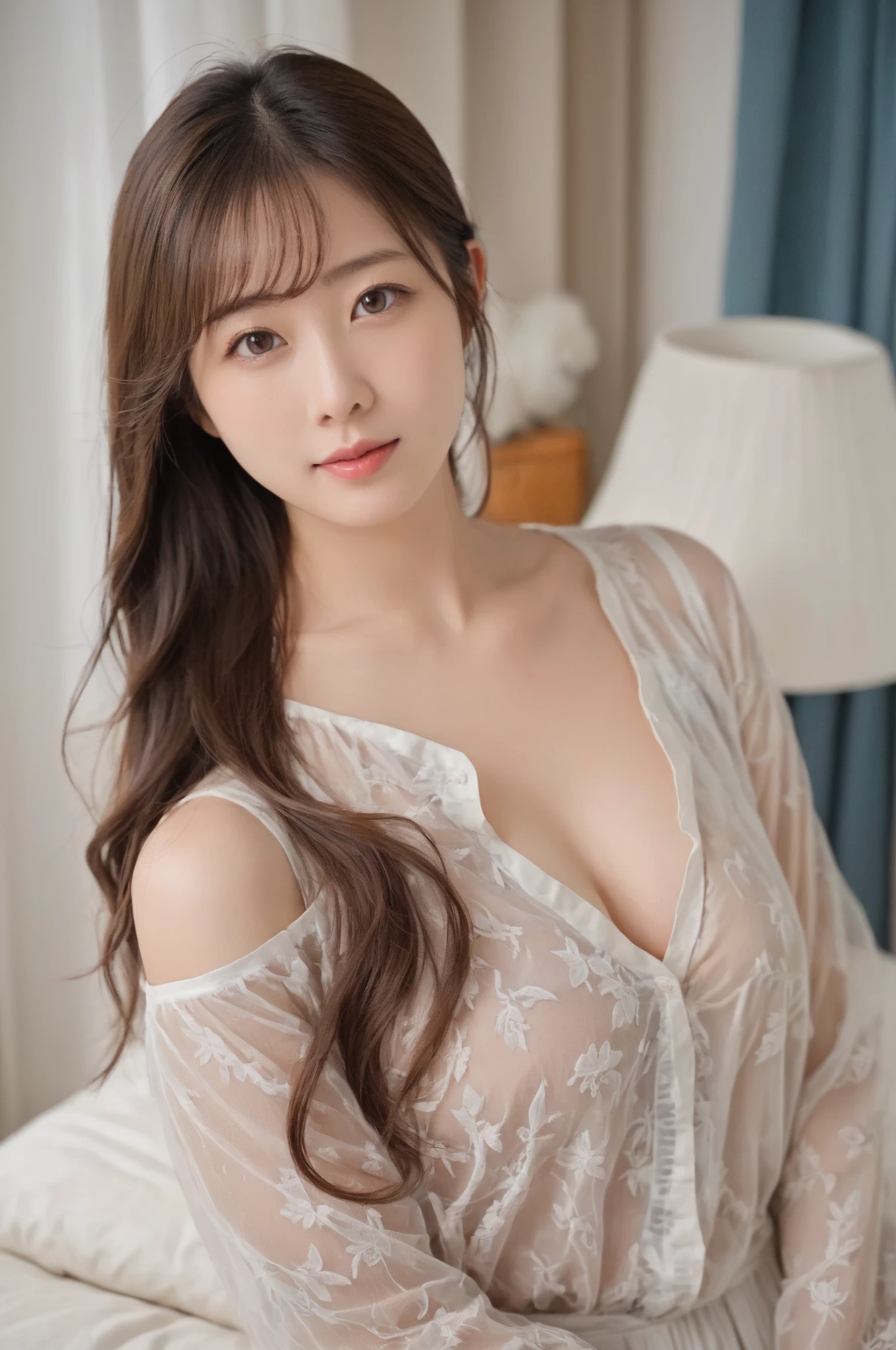 Western-style room, bed, sofa, bedroom, night, Highest quality, shape, Very detailed, In detail, High resolution, 8k wallpaper, Perfect dynamic composition, Beautiful details,  Natural Lip, Nightwear, Big Breasts, Cleavage, She has a cute pose and a sensual face, A masterpiece of the whole body, Full Body Shot