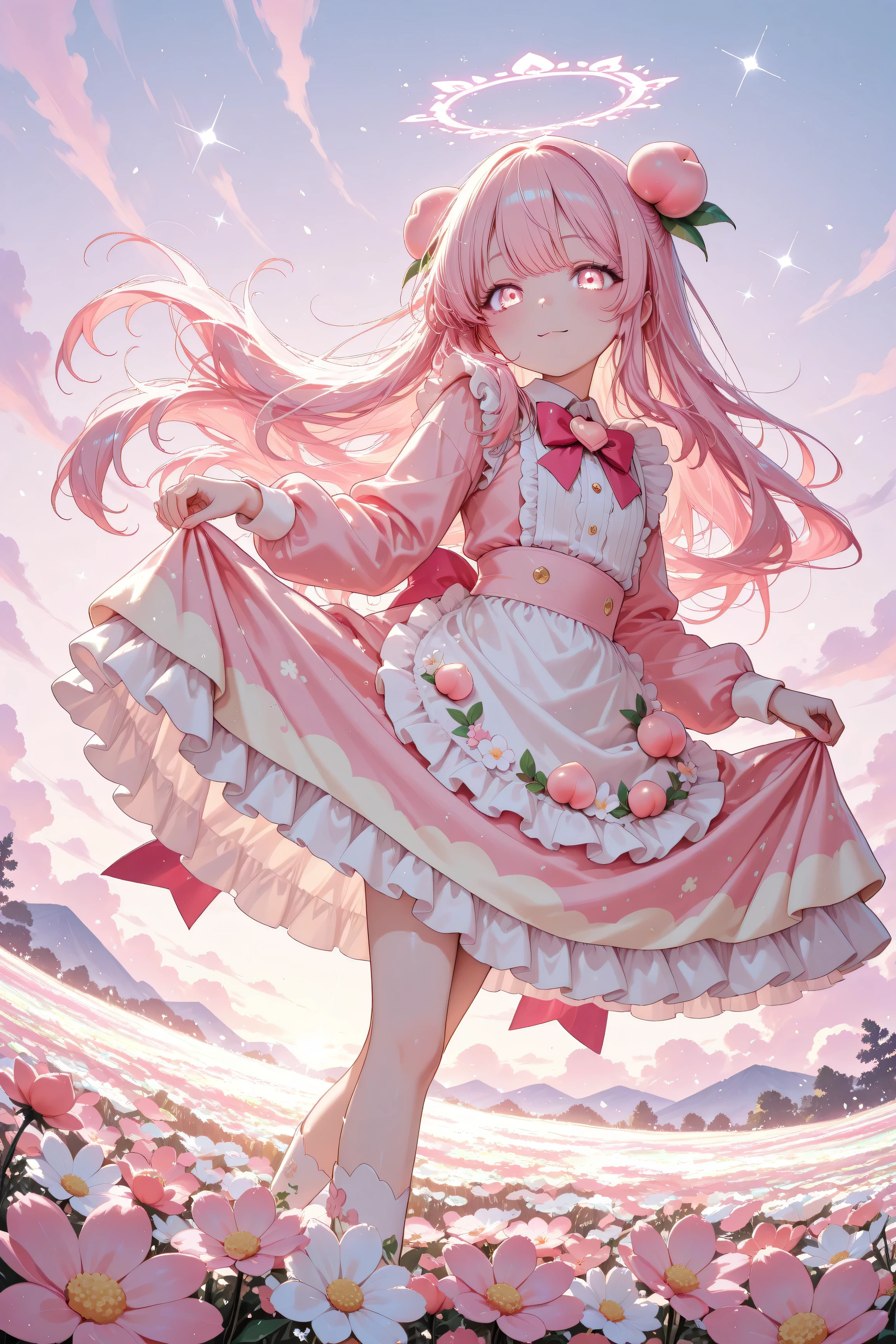 1girl, peach tart personification, fluffy peach-pink long hair, peach ornament, spinning pose with skirt lifted, side angle dynamic view, spring flower field background, glowing pastel colors, sparkles, very cute anime child, high quality