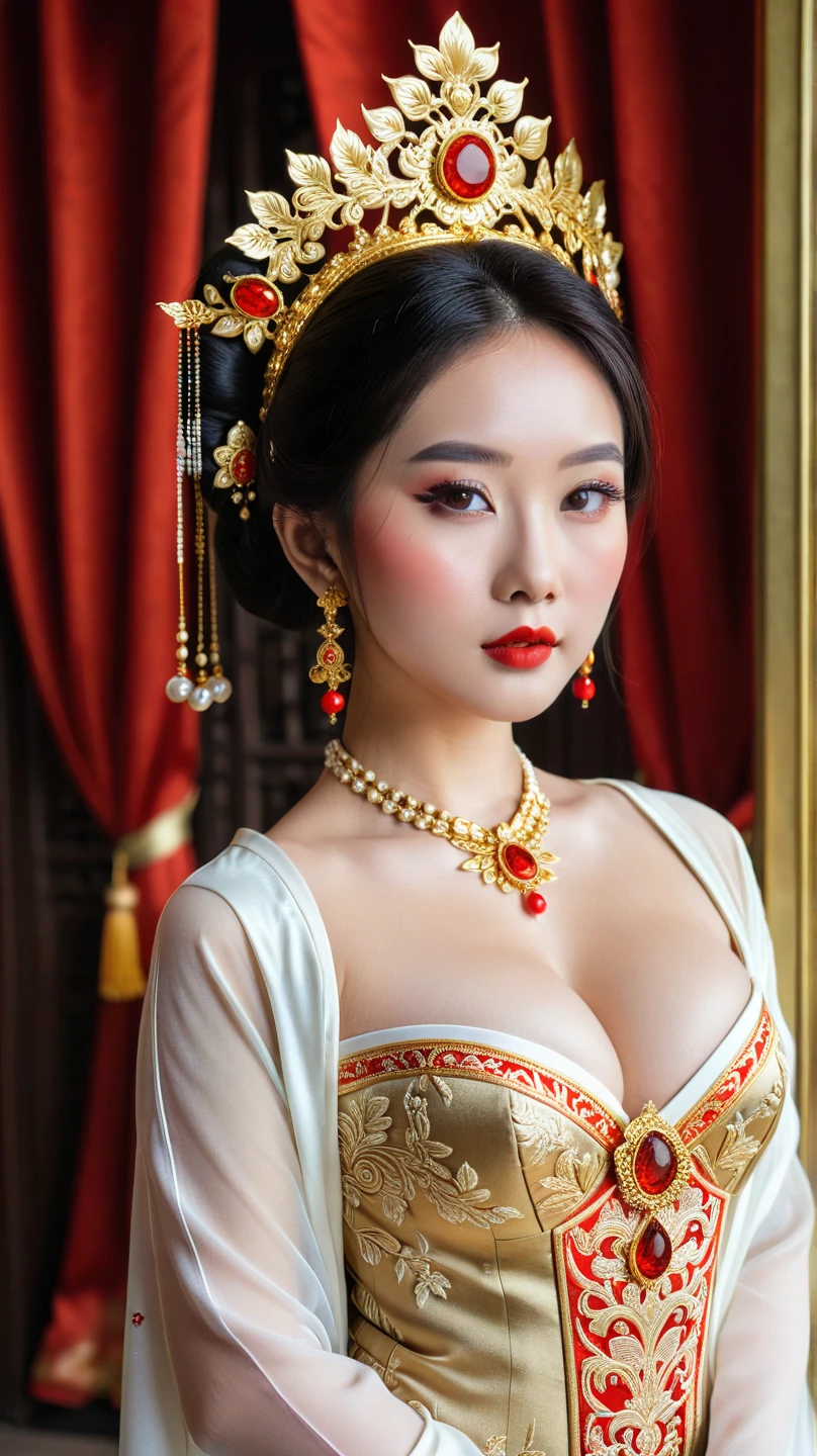 araffe woman in a traditional thai costume holding a fan, traditional beauty, traditional makeup, portrait of modern darna, wearing an ornate outfit, traditional dress, an asian woman, asian woman, bali, sukhothai costume, beautiful oriental woman, indonesia, traditional costume, south east asian with round face, beautiful asian woman, inspired by I Ketut Soki