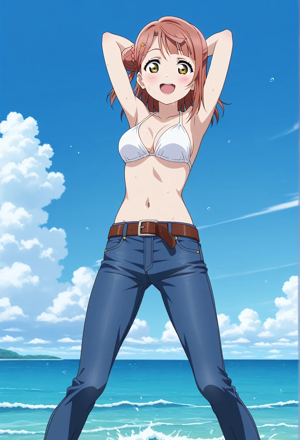 score_9, score_8_up, score_7_up, source_anime, highres, hi res, ((best quality, top quality, perfect quality, Highest Quality, amazing quality)), {{masterpiece}}, {{an extremely delicate and beautiful}}, 2d, intricate details, official style, anime, 8k, anime style, official_anime, official art, digital painting, cell shading, soft shading, high resolution, soothing tones, Subdued Color, Soft cinematic light, adobe lightroom, photolab, HDR, intricately and hyper-detailed, ((high quality animation)), 1 girl, Alone, solo, ((ocean)), tsunami, on the water, day, sunny, outdoors, sky, windy, ayumu uehara, Love Live! Nijigasaki High School Idol Club, bangs, hair ornament, green eyes, yellow eyes, red hair, hairclip, blunt bangs, medium hair, hair bun, single hair bun, half updo, hairpin, single side bun, braided bun, anime coloring, anime screencap, medium breasts, white bikini top, best quality, hyper-detailed jeans, ((blue jeans:1.9)), (dark blue jeans:0.6), full body, cowboy shot, Open mouth, smiling, happy face, blush, sweat, standing, belt, brown belt, ((arms behind head:6.0)), ((perfect arm line:2.5)), perfect hand line, bowlegged, sliding pose, action, looking at viewer, spread legs, Bend knees slightly, straight-on front view, from below