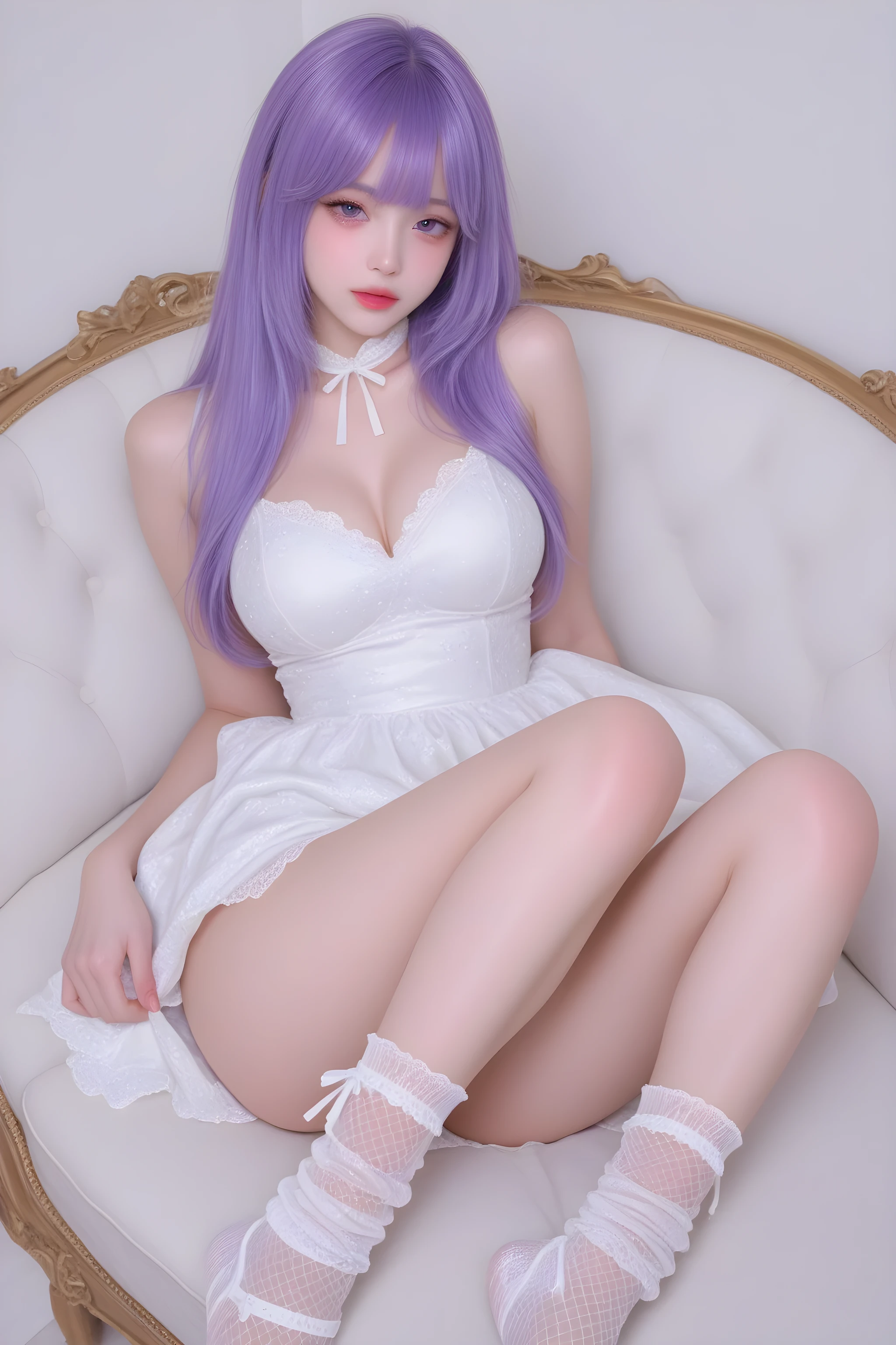 A white girl with purple hair，in a dress，Full breasts ，Glossy white mesh socks with pedals，show details。