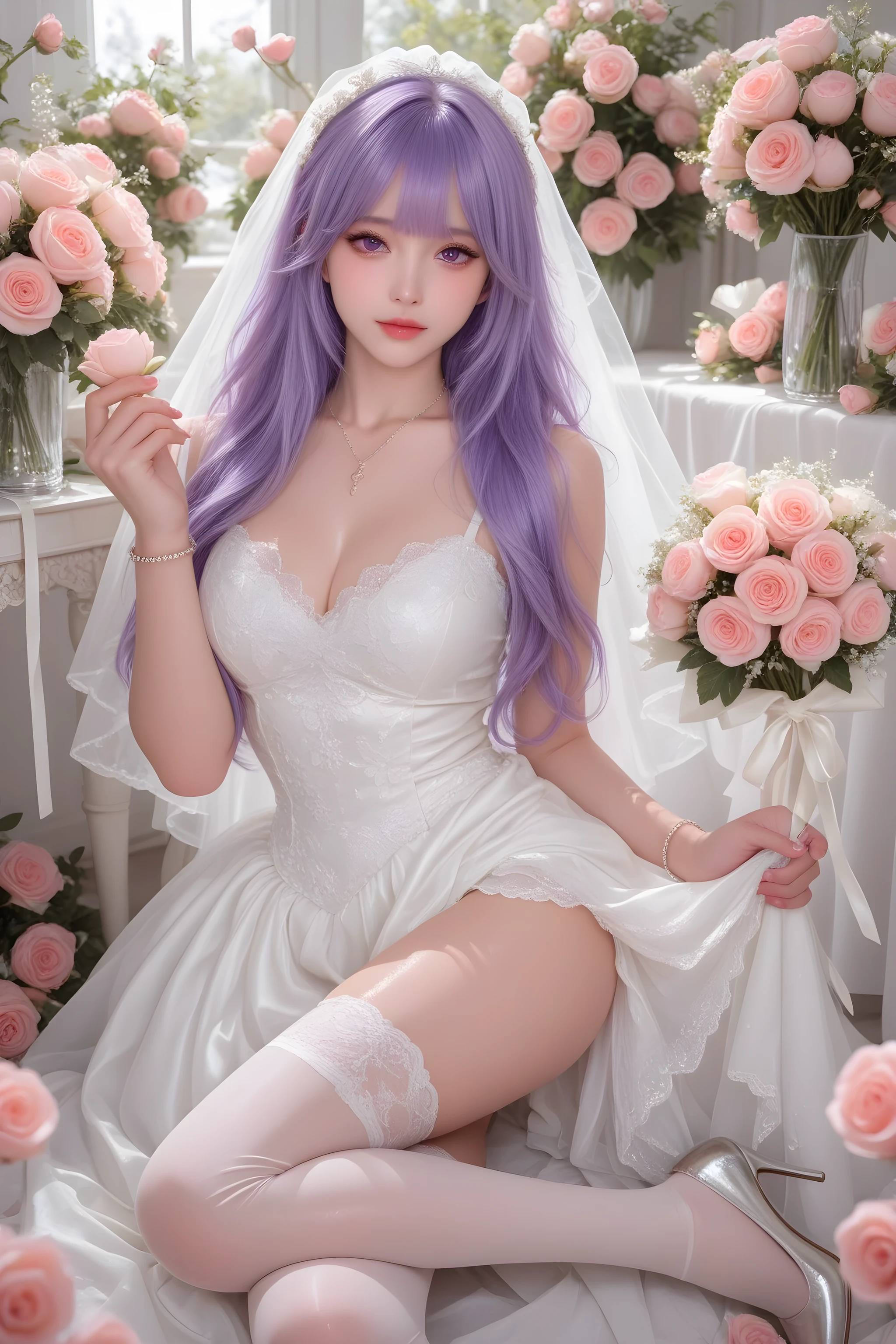 A beautifully detailed 、High quality、Very high resolution、 Clear subject 、Excellent depth of field、Dynamic light、Vivid masterpiece from a shooting angle。A girl with purple hair,bouquet in hand,has fair skin,wears a long white wedding dress,Wear knee-length stockings,Shiny white lace stockings,with a bow on the head,with white ribbons,step on heels,Surrounded by flowers,Purple Eyes,wears a necklace and bracelet,alone,Surrounded by roses。