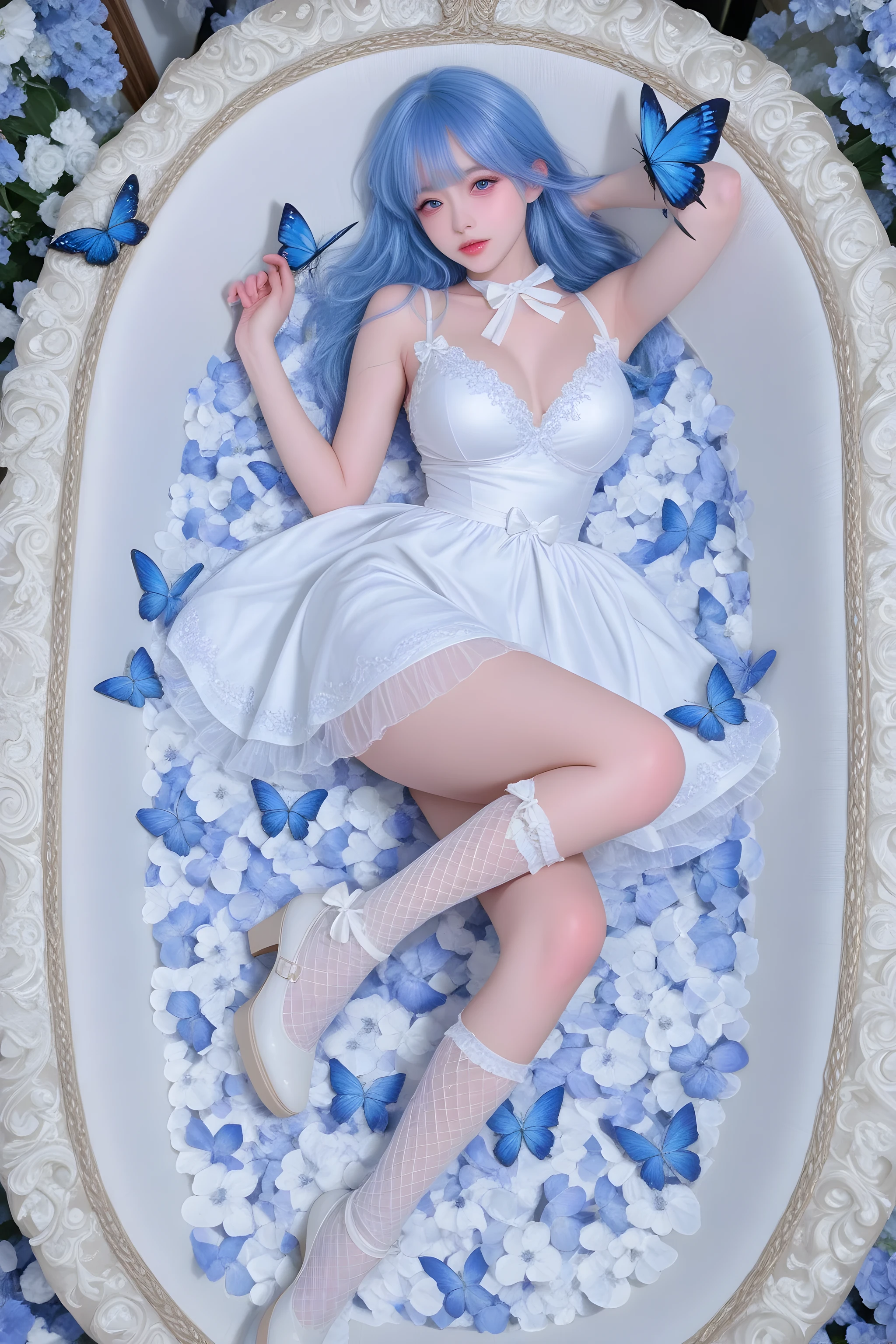 A white girl with blue hair,in a dress,Full breasts ,Glossy black mesh socks with pedals,show details。,white dress, hoa , butterfly , bow