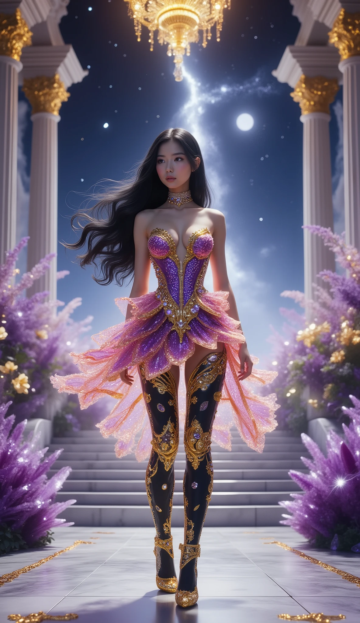 Long shot, shot on below, full body shot, hyper detail, hyper detail clothing texture, 17-year-old young Asian girl with a cute face with sweet appearance and white skin, tall oily body, slim and small belly, wide waist, long and sexy muscular legs, and big breasts. wearing a pinky strapless V-cut dress with a deep cleavage snake scale that reveals her navel, shaped by very tight black diamonds with intricate details, a ruffle mini skirt and nylon black stockings with sexy high gold lace with detailed motifs, she also wears high-heeled stilettos with straps, reminiscent of a fantasy style. The work features intricate details, including sparkling blue gemstones and feather-like textures and flashes of blue light that decorate the tight dress, The shiny paint on the dress adds to the fantasy feel, while her long black hair flows in waves over her shoulders, standing  in a large fantasy hall with wide marble stairs, shining purple crystals, flowering magical plants, and towering classical columns. A thin mist drifts in the middle of the scene, illuminated by a golden chandelier. The color palette combines purple, silver, and white, creating a refined, elegant atmosphere under the starry sky.