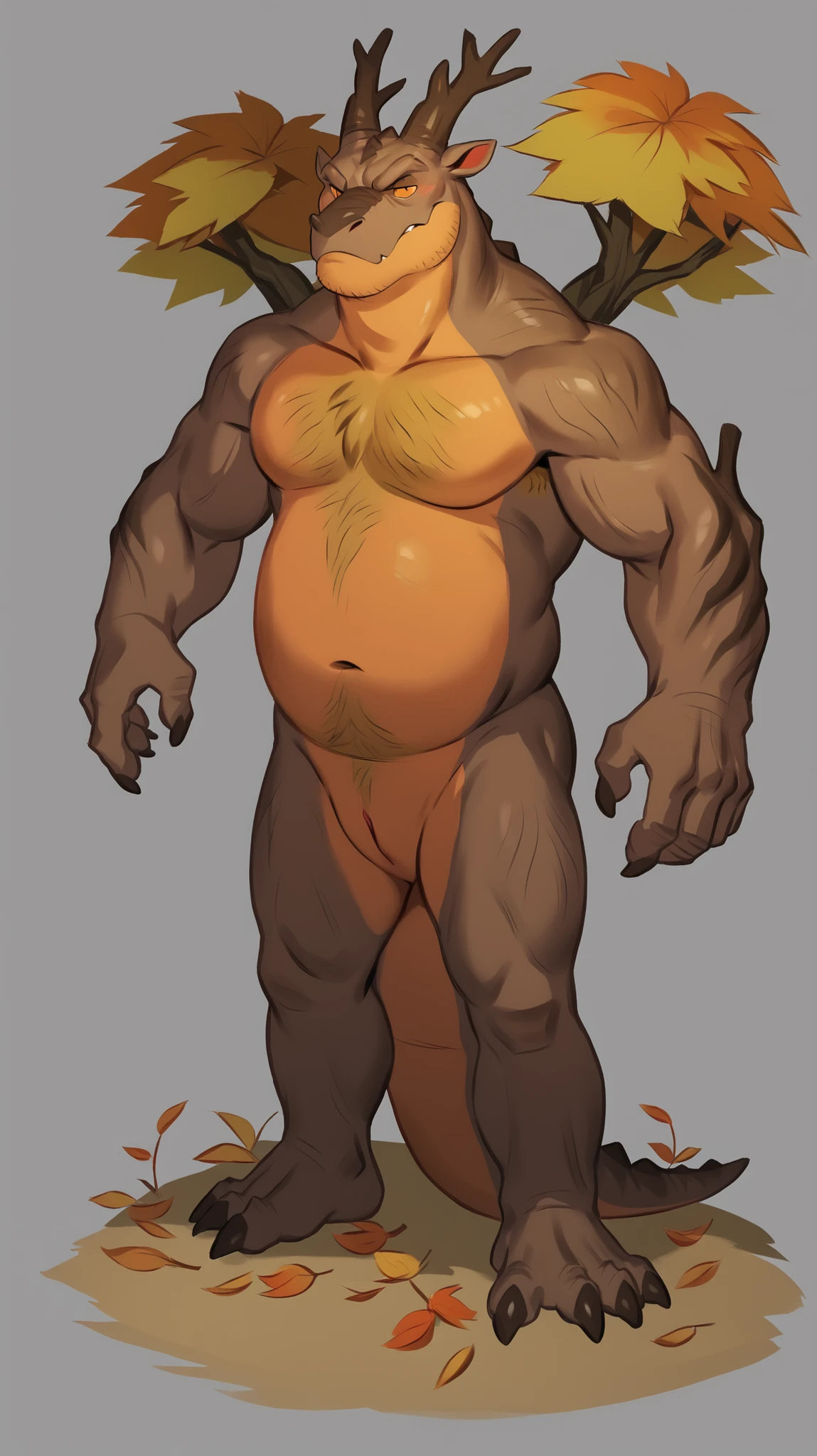 Ent, living tree, wood texture, colored bark, colored foliage,,by dangpa, by dangpa, only one character, full body, full body, body smaller than the background, full body view, anthro, 5 fingers, tail, orange armpit leaves, orange stubble, orange stubble chin, orange happy trail, orange  tuft of leaves, orange  leaves, 5 toes. toes, feet, foot, male aged in mid 40's, tail, simple solid gray background, wood body, simple solid gray background, , , wood made being anthro, body made of plants, leaf made hair, musclegut body, rugged, wood made body, extremely detailed body, extremely detailed, extremely detailed face, orange eyes, orange iris, many stubble on jaw, stubble jaw, hairy jaw, detailed body, extremely detailed, extremely detailed face, tall, 3/4 pose. stubble trail, thick orange prominent tufts of leaves on armpits and elbows, leaves on arms. Muted light colors. manly, virile, Muted light colors. Has a slit, slit genitalia,slit genitalia,slit genitalia,slit genitalia,slit genitalia,slit genitalia,slit , robust body, muscular body, grumpy face, tall. He is made of leaves, wood, plants and flowers, his horns are sticks, his skin is bark, has bark instead of flesh, he has a reptile robust snout