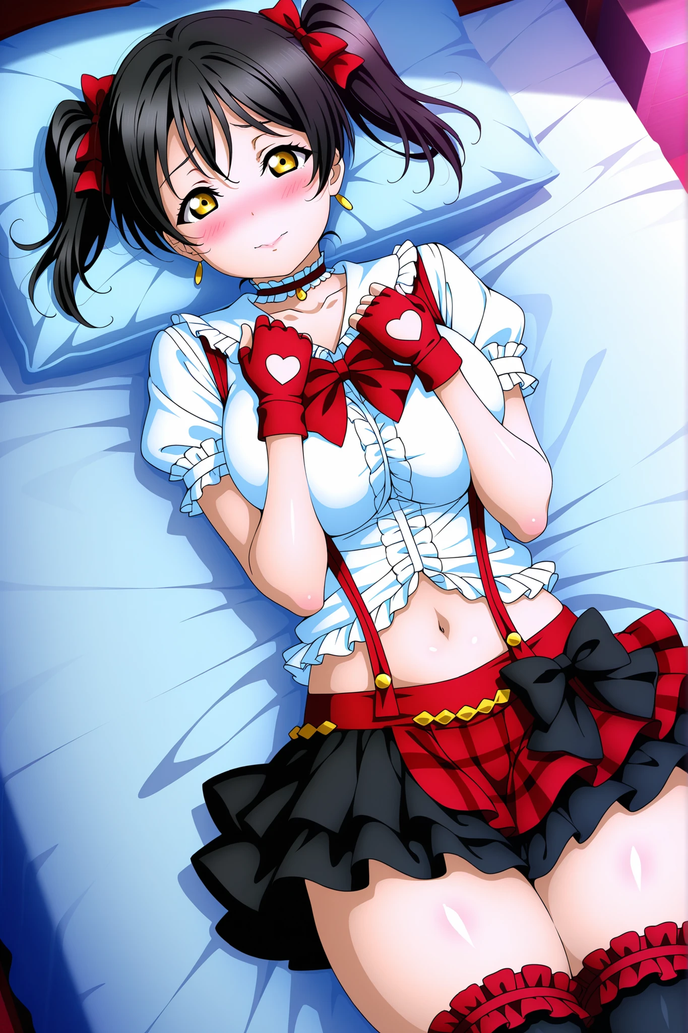Love Live official artwork, game cg quality, love live, professional art, highres, hdr, glossy shiny skin, shiny silky hair,soft directional lighting from right, vibrant colors, ayasa eli,1boy, handsome shota boy, cowboy shot,nico_stagecostume, collared shirt, fingerless gloves, choker, layered skirt, suspender skirt, half-skirt, black side bow,  bow, frilled thighhighs,on bed, hug, thighs together,big  , blushing , thick thighs,sexy pose, navel 