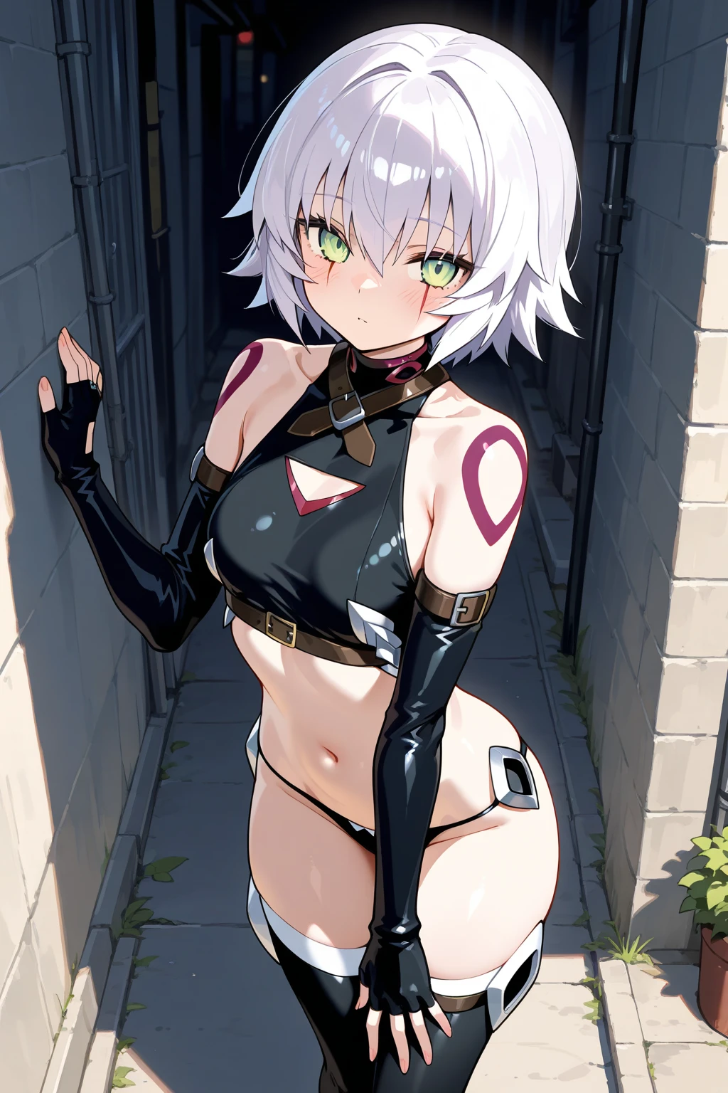 1girl,solo,chibi,green eyes,flat chest,silver hair,short hair,crop top,belt,navel,g-string,elbow gloves,kneehighs,Knife ,(arms behind back),open mouth,light smile,(upper body:1.3),blush,masterpiece,Noise Reduction,perfect ,high resolution, ultra-detailed,game cg,dutch angle ,beautiful detailed eyes,visualart,five fingers, perfect hands, perfect lighting,