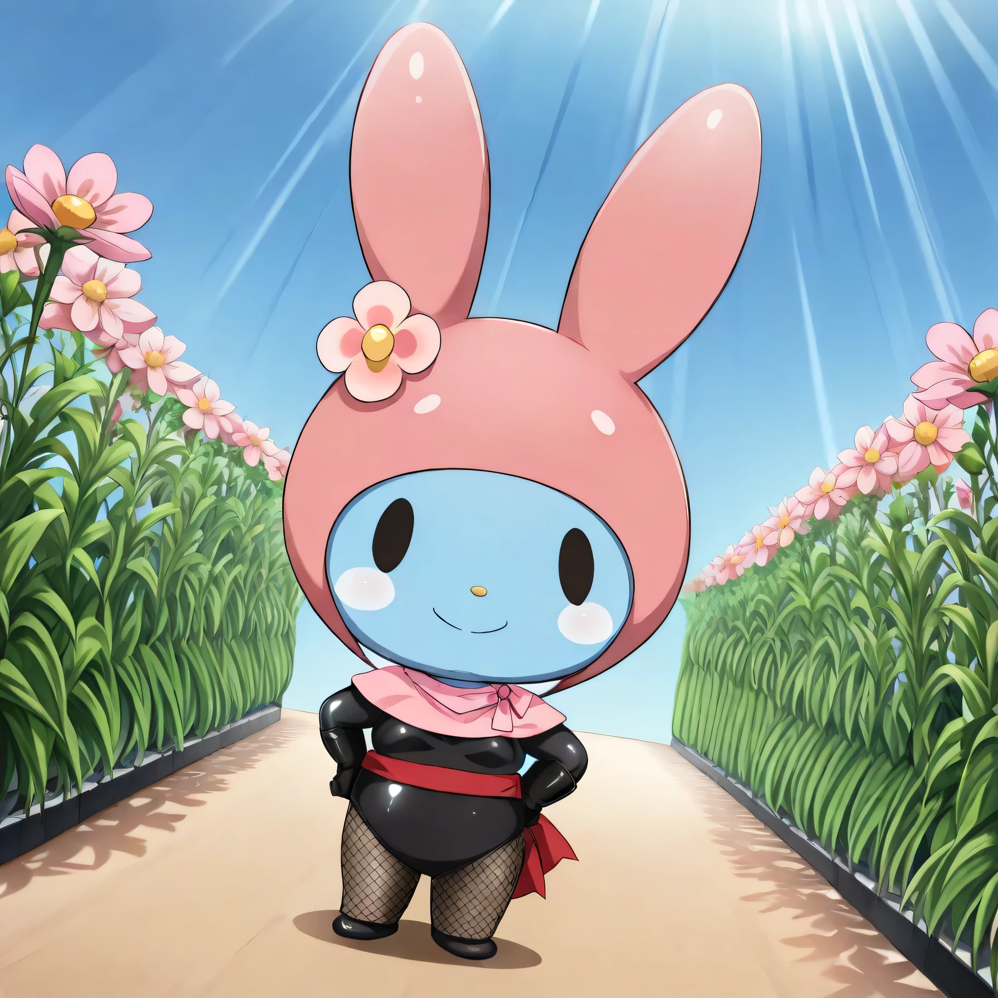 (((Masterpiece))), (((Best Quality))), ((Super Detail)), ultra-High resolution, score_9,score_8_up,score_7_up,score_6_up,score_5_up,score_4_up, BREAK, source_anime, anime screencap, uncensored, Masterpiece, (best shadow), (absurdres), (detailed background), (very aesthetic), detailed beautiful eyes, outstanding, an exquisite animation illustration, curvy, highres, shiny clothing, dark persona, empty eyes, blank eyes, shocker, black leotard, latex elbow gloves, brown fishnet pantyhose, blue skin, colored skin, red sash, makeup, red skin, (((solo, 1girl))), hair ornament, seductive pose, submissive pose, anime style, anime coloring, animification, megami magazine, sexy pose, dynamic angle, cinematic angle, dutch angle, small breast, (((mymelo, flower, pink flower, furry, pink capelet, solid oval eyes, black eyes, chibi, feral, no hair, pink bunny ears))), straight on, smile, looking at viewer, ass, from back, from behind, looking from back, view from back, contrapposto, hands on hip, flower, wind, windy, flower, flower petal, petal, flower garden, blue sky, wind, windy, dappled light, sunbeam, full body, sideways glance