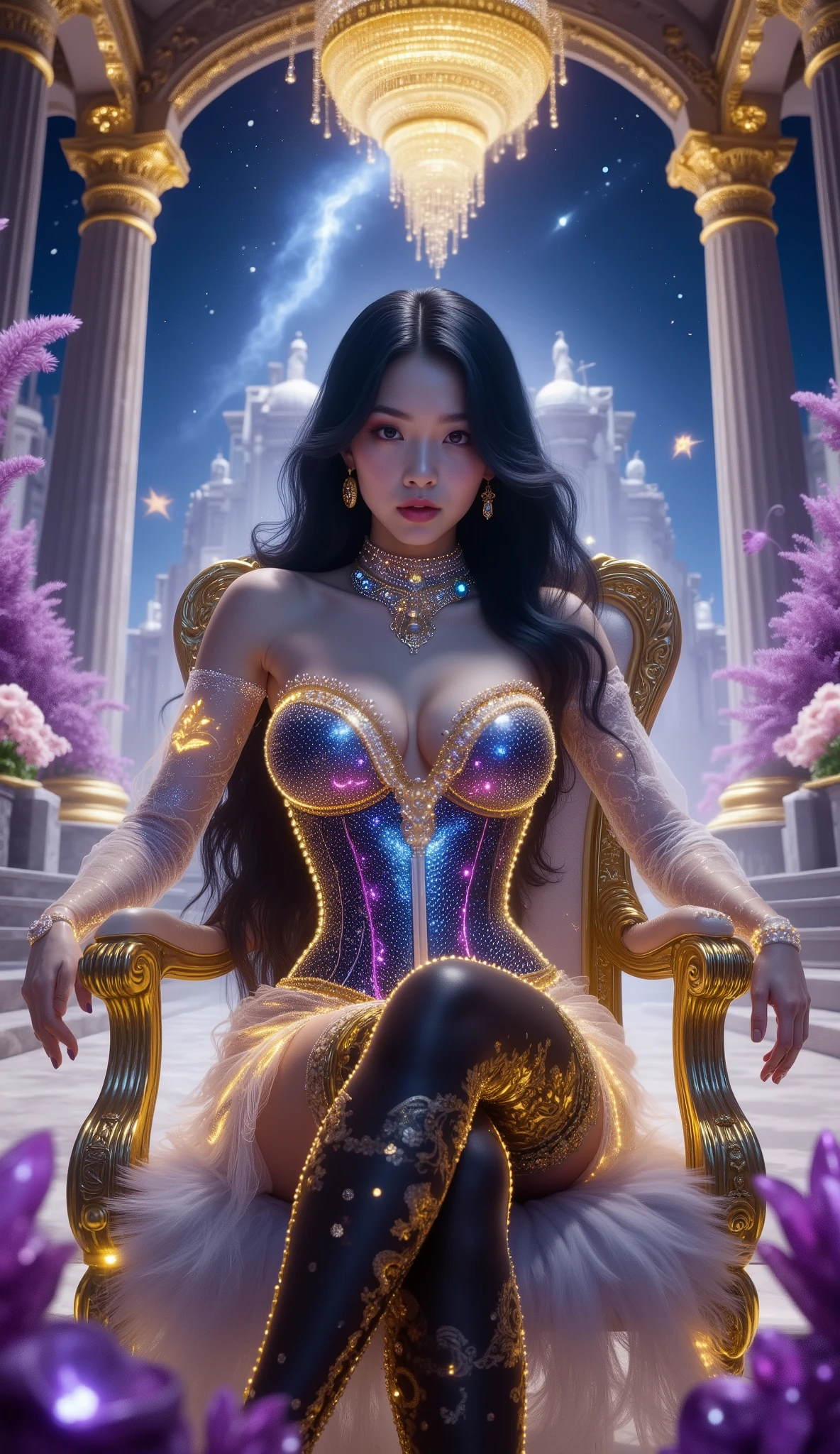 Long shot, shot on below, full body shot, hyper detail, hyper detail clothing texture, 17-year-old young Asian girl with a cute face with sweet appearance and white skin, tall oily body, slim and small belly, wide waist, long and sexy muscular legs, and big breasts. wearing a pinky strapless V-cut corset with a deep cleavage snake scale that reveals her navel, shaped by very tight black diamonds with intricate details, a ruffle micro mini skirt and nylon black stockings with sexy high gold lace with detailed motifs, she also wears high-heeled stilettos with straps, reminiscent of a fantasy style. The work features intricate details, including sparkling blue gemstones and feather-like textures and flashes of blue light that decorate the tight corset, The shiny paint on the corset adds to the fantasy feel, while her long black hair flows in waves over her shoulders, sitting in a luxuryous chair in a large fantasy hall with wide marble stairs, shining purple crystals, flowering magical plants, and towering classical columns. A thin mist drifts in the middle of the scene, illuminated by a golden chandelier. The color palette combines purple, silver, and white, creating a refined, elegant atmosphere under the starry sky.