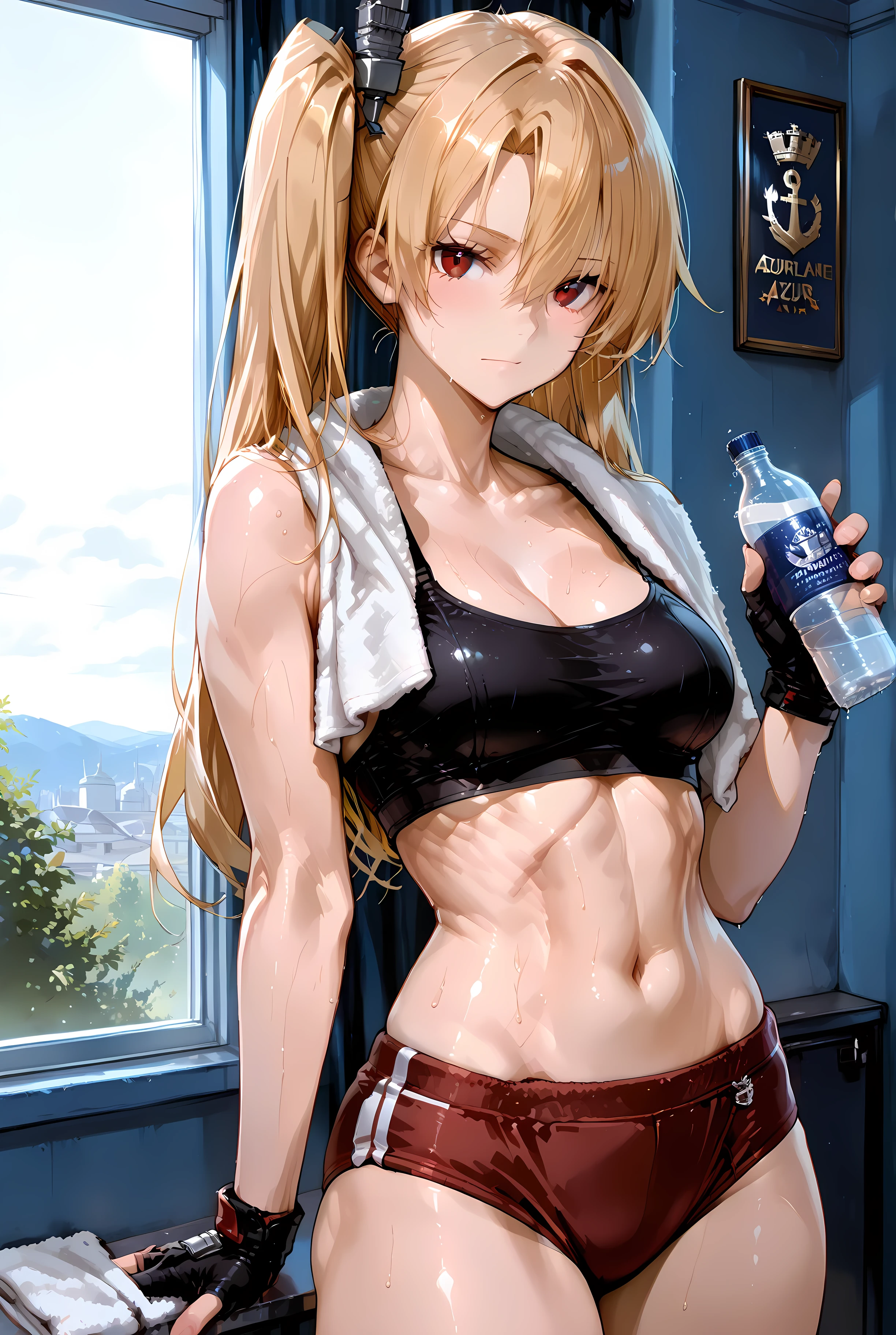 masterpiece, best quality, very aesthetic, 748cmstyle, absurdres, 1girl, solo, source_anime, cleveland (azur lane), red eyes, long blonde hair, side ponytail, hair ornament

, cute tomboy, beautiful girl, toned body, slim body , , black_sport_bra, midriff, red buruma, fingerless gloves Standing, looking at viewer, sweating, closed mouth, towel over shoulder, holding_bottle_of_water Indoors, gym