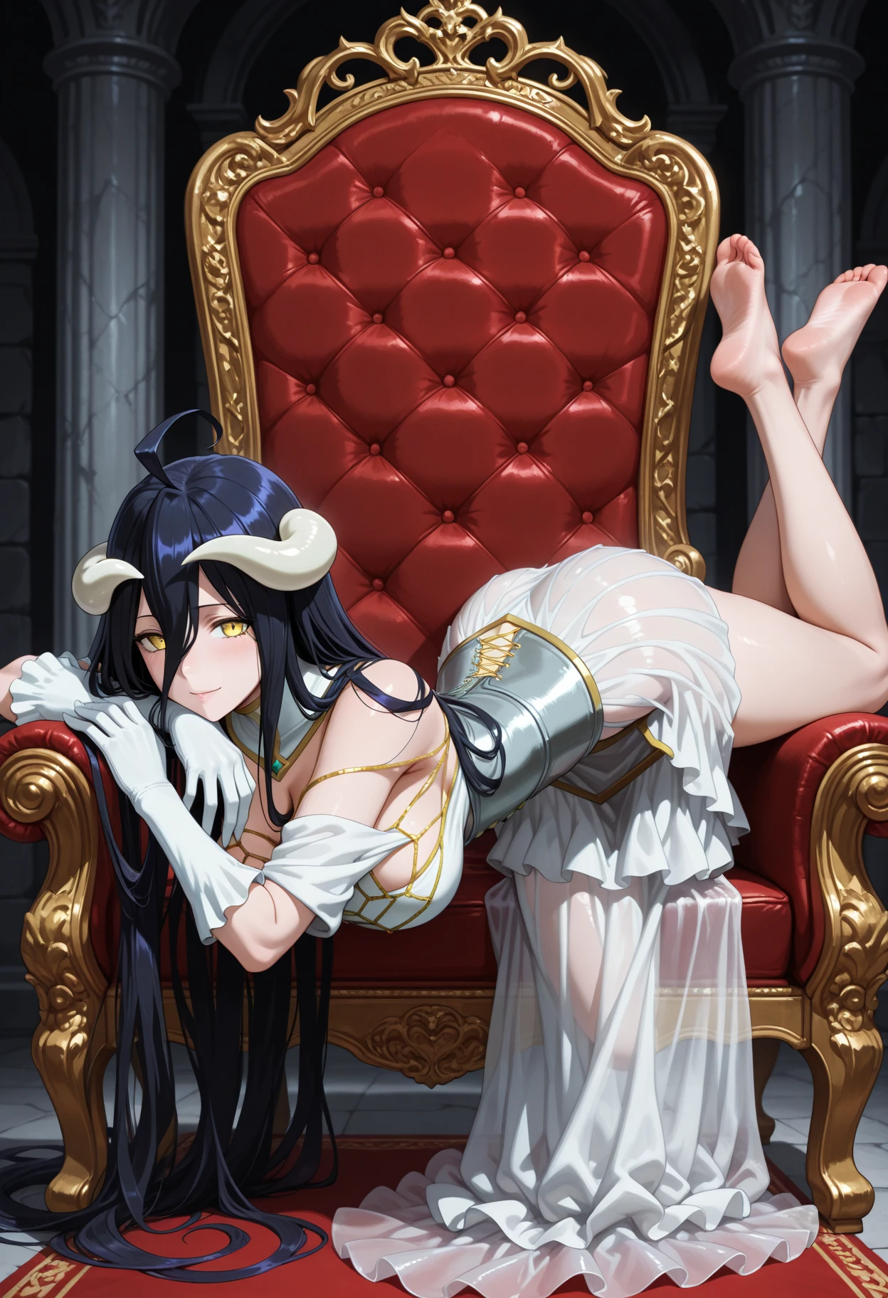 Albedo, long black dress,  dress,  look, evil smile,  leg, open neckline, , blushing,