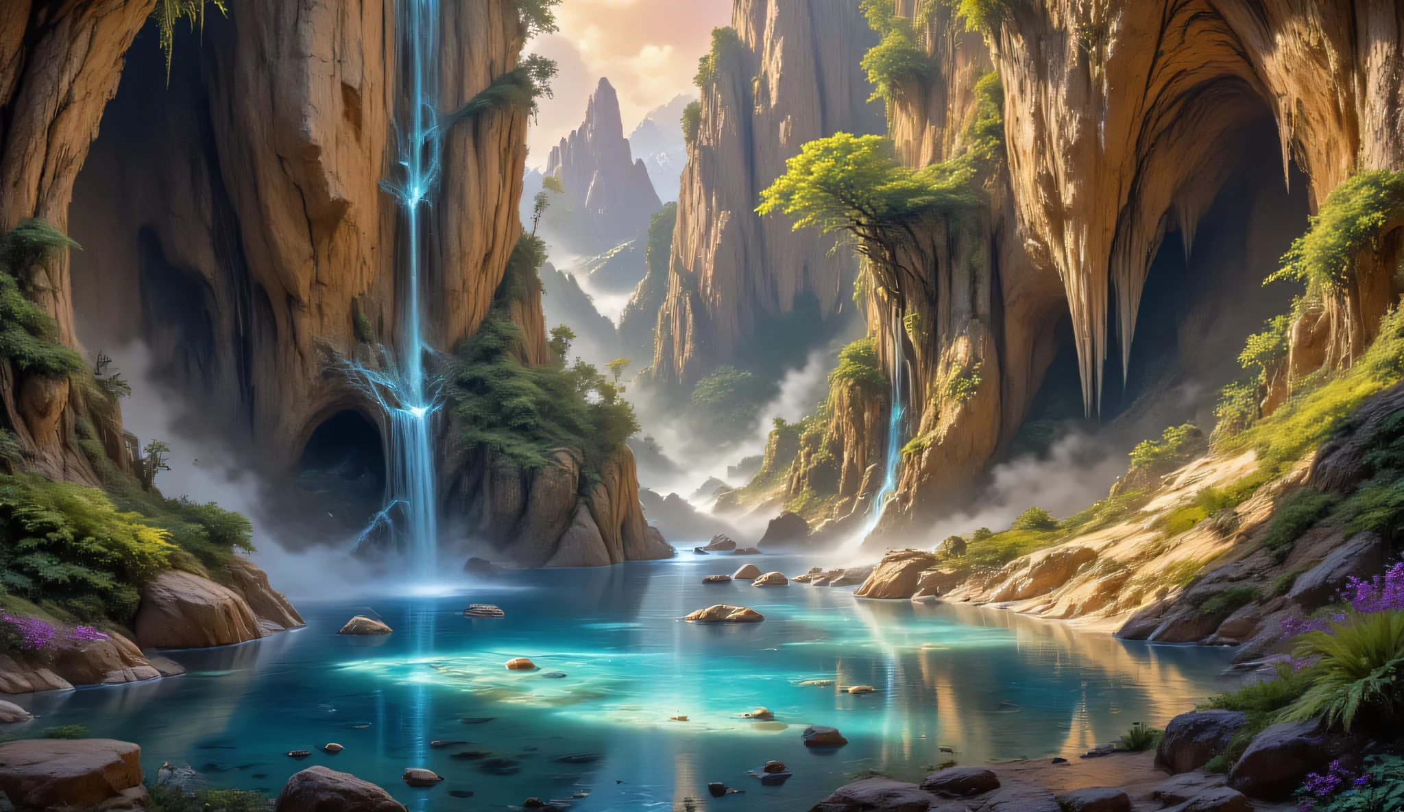 A secret canyon lagoon hidden deep within a high-altitude mountain range, accessible only through a narrow winding stone passage partially veiled by morning mist. Towering cliffs on either side are carved with natural amphitheater-like formations, streaked with veins of quartz and mica that sparkle subtly in soft early sunlight. The lagoon itself is a surreal jewel: water perfectly still, crystal-clear with a faint teal glow as if capturing the reflection of an ethereal sky, dotted with naturally floating stone platforms covered in lush moss and miniature wildflowers. From the cliffs above, dozens of delicate streams and miniature waterfalls spill into the lagoon, each droplet catching sunlight and scattering tiny prism-like sparkles. Bioluminescent algae subtly illuminate the water in areas of shadow, adding an otherworldly yet plausible glow. Around the edges, clusters of oversized ferns, moss-covered boulders, and rare alpine flowers—vivid purples, deep blues, and soft pinks—frame the scene. Occasional small birds and dragonfly-like insects hover over the water, captured mid-flight with motion blur. Golden sunlight pierces the mist in dramatic shafts, creating cinematic god rays and highlighting floating stones and waterfalls. Foreground textures are hyper-detailed: wet rocks, moss filaments, tiny water droplets, reflective ripples. Perfect depth of field, ultra-realistic 8K DSLR composition, vivid color, HDR, DSLR, Canon EOS R5, Clear photo, natural beauty.@ Batamb