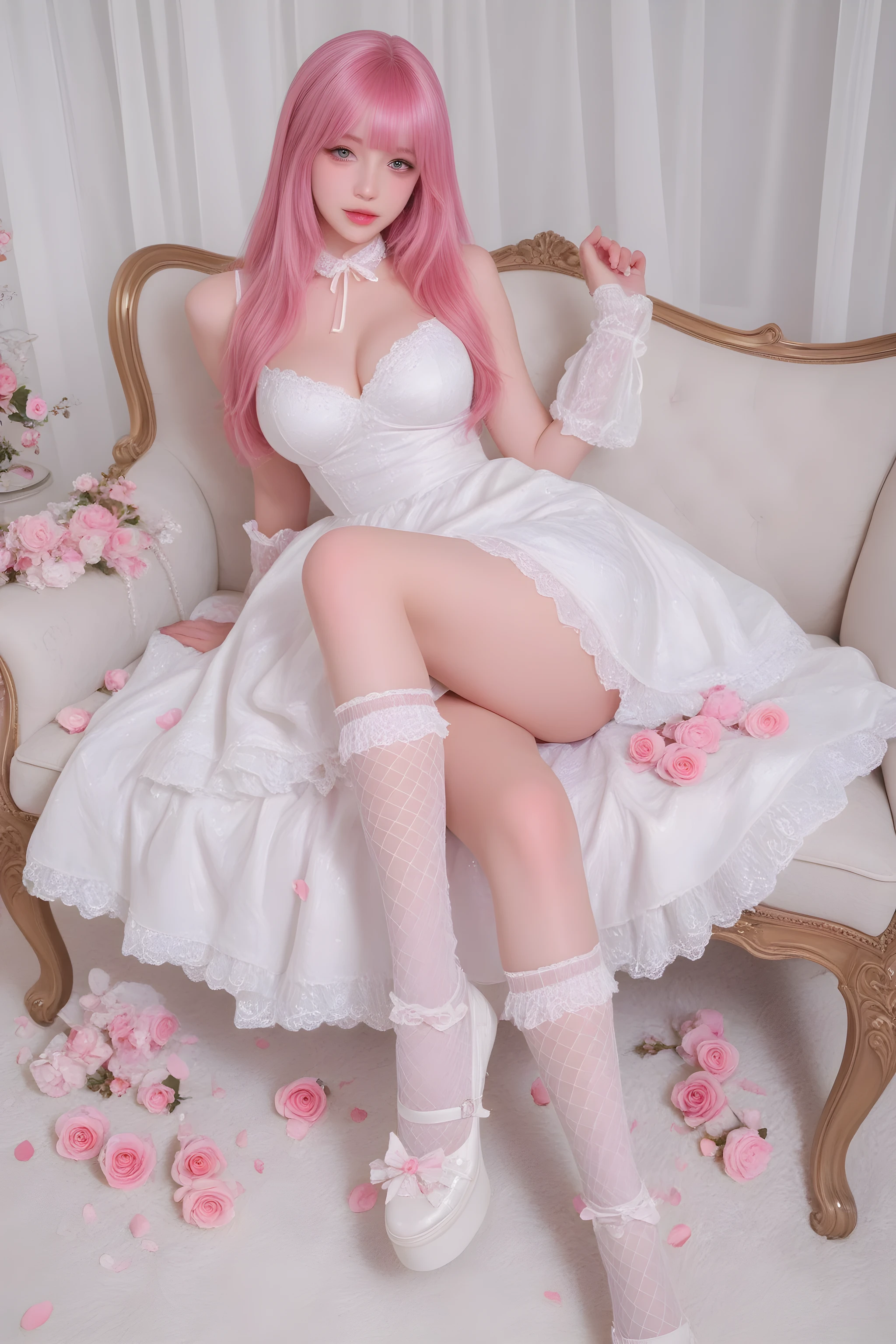 A Caucasian girl with pink hair,in a dress,Full breasts ,Glossy white mesh socks with pedals,show details。