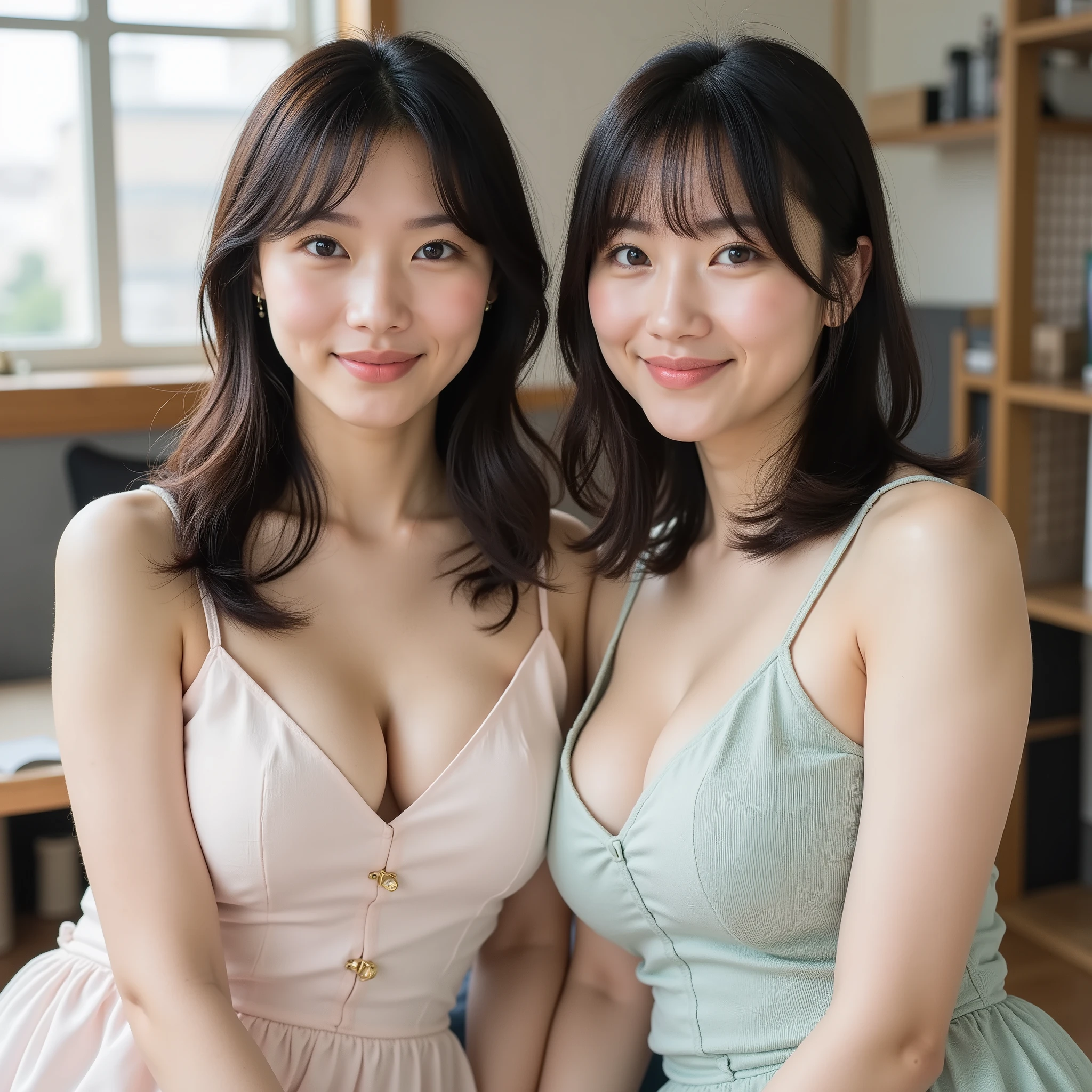 『the mood of the face and hairstyle are different2people、日本people、1peopleはショートヘアー、未加工Picture、美peopleではない普通の女性、realistic skin、no makeup、looking at the camera、smiling:1.9』『Saggy Eyes、round face、real photo:1.3』Highest Quality:1.2、((saggy breasts))、((30 year old woman))、((顔が違う2people、髪型も違う2people))((Smiling with teeth showing:1.3))、(A full body photo of a woman) - standing, long shot, full legs, elegant dress
:1.3))、((Full Body Portrait:1.3))、(((a full body photo of a woman, perfect hands, realistic fingers, 5 fingers on each hand, natural pose)))、long haired woman with a nice smile2peopleを描けますか,2peopleは仲良しのルームメイトです,can you draw a woman in dorm uniform,Inside the building,Just kidding,,Sneakers,don't crop her face because facial expression is paramount,can you draw the details of her hands and feet accurately,beautiful legs,, clear,Authentic,Picture,