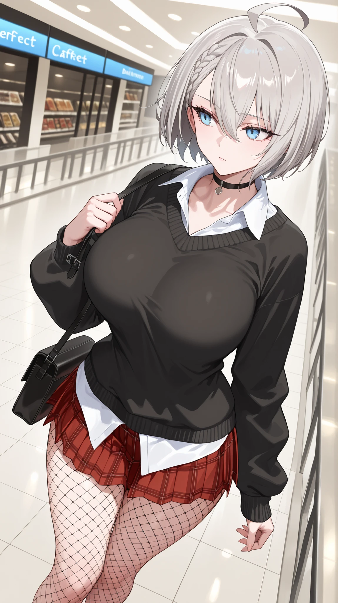 1girl, solo, anime girl, elegant, badass, baltimore, masterpiece, very aesthetic, grey hair, ahoge, short hair, french braid, hair between eyes, light blue eyes, sharp eye outlines, long eyelashes, big breasts, curvy body, black sweater, oversized sweater, white shirt collar, shirt untucked, red plaid pleated skirt, black choker, fishnet pantyhose, black satchel bag, e-girl, baggy outfit, alt fashion, dynamic view, dynamic angle, standing, looking away, shopping mall, outfit store, soft skin, volume light, depth of field, high detail, highres, ultra-detailed, detailed face, (detailed eyes), (perfect eyes), perfect composition, intricate details, detailed and polished anime style, (detailed hand), (perfect hand), 4K, 8K