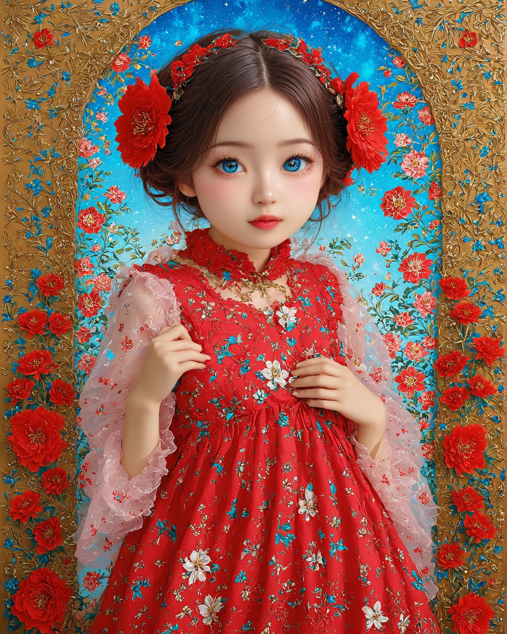 (zentangle, mandala, tangle, entangle), (ecstasy of flower:1.2), golden background, the most beautiful form of chaos, elegant, a brutalist designed, flower art, zentangle, mandala, tangle, entangle, vivid colours, romanticism, atmospheric,
BREAK,
princess, small breast, baby-like face, infant body shape, small hips, white skin, short limbs, (((long reddish-purple red crimson long twin-tail hair))), (((glowing sky-blue big eyes))), gold, silver and floral hair ornament, dewy skin, dynamic pose, infant body shape, toddler hips, illuminated body,
BREAK,
(((wearing cheongsam dress))) ruffle dress ((wearing a transparent cape)), full body, light shining in
BREAK,
(zentangle, mandala, tangle, entangle), (ecstasy of flower:1.2), golden background, the most beautiful form of chaos, elegant, a brutalist designed, flower art, zentangle, mandala, tangle, entangle, vivid colours, romanticism, atmospheric,
BREAK,
official art, unity 8k wallpaper, ultra detailed, beautiful and aesthetic, beautiful, masterpiece, best quality ((by Mucha)) ((art deco)) ((botanical art)) ((flower art)) ((floral)) ((colorful)) masterpiece, high resolution, high definition, highest quality, digital painting, 4k, HDR, delicate texture, enchanting atmosphere,
BREAK,
(最高品質, 8k,32K,傑作, 超高解像度:1.2),非常に詳細なCGユニティ8K壁紙,複雑な詳細,生写真,(写実的:1.4),雰囲気,超高解像度,現実istic,現実,巨大な_ファイルサイズ,非常に高解像度,(中央揃え:1.3),超イラスト,(超詳細な),シネマティックライティング,様々な色,被写界深度,アート:クレンツ・クシャールト,ゴールデンアワーライティング, を正確に描いた ,シグマアートレンズ 35mm F1.4,ISO 200 シャッタースピード 2000