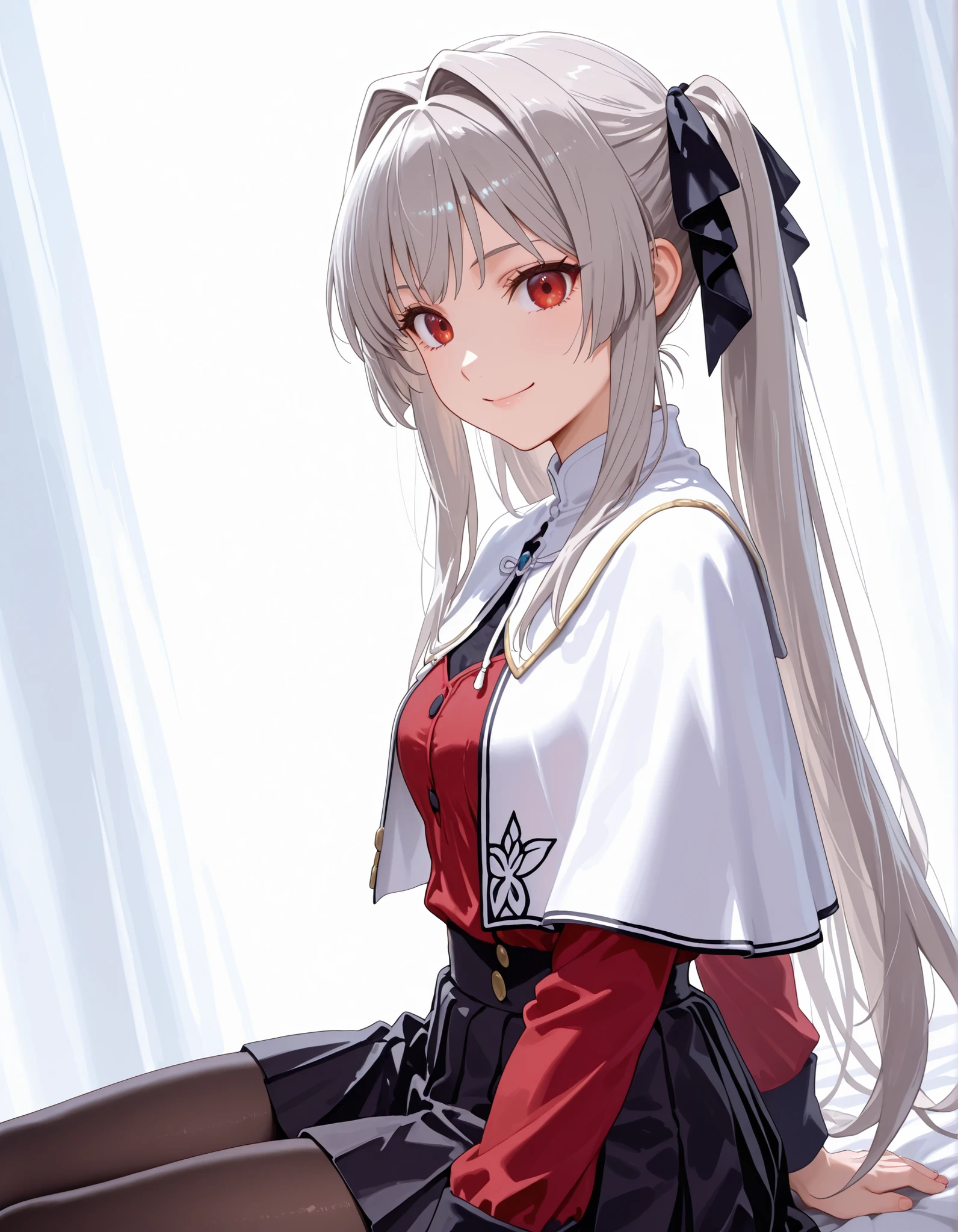  lynneburg clays, long hair, red eyes, twintails, grey hair, hair intakes, hair ribbon, pantyhose, capelet, white capelet, dress, red dress, long sleeves, skirt, black skirt, pleated skirt, white background, sitting, looking at viewer, smile, from side, solo, cowboy shot, dutch angle
