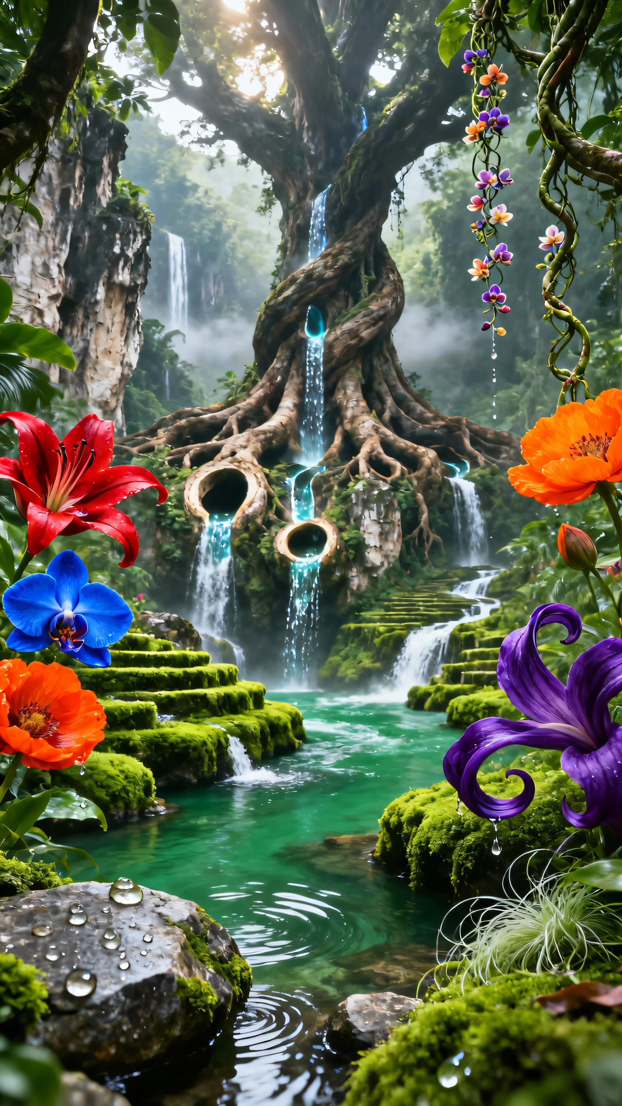 A hidden jungle valley unlike any seen before: a colossal, twisting tree rises from the center, its massive roots spreading over jagged limestone cliffs, some roots hollow and naturally channeled, pouring crystal-clear water like streams into the emerald-green river below. The river flows over moss-covered terraces and forms tiny cascading waterfalls along the way. The jungle floor is an endless carpet of velvety moss interspersed with gigantic flowers in impossible shapes and vibrant colors—crimson lilies, sapphire-hued orchids, fiery orange poppies, and deep violet blooms that curl like ribbons. Water glistens as it drips from stones, tree trunks, and roots, catching the ambient light. Twisting vines with miniature blossoms hang from branches, creating natural curtains. Sunlight is soft, filtered through minimal canopy openings, creating subtle highlights only on the key features—water, flowers, and moss textures. Foreground: hyper-detailed wet stones, reflective water ripples, dew drops on petals and moss filaments. Background: distant jungle cliffs fading into mist, with occasional hidden waterfalls. Ultra-realistic 8K DSLR composition, vivid color, HDR, DSLR, Canon EOS R5, Clear photo, natural beauty.