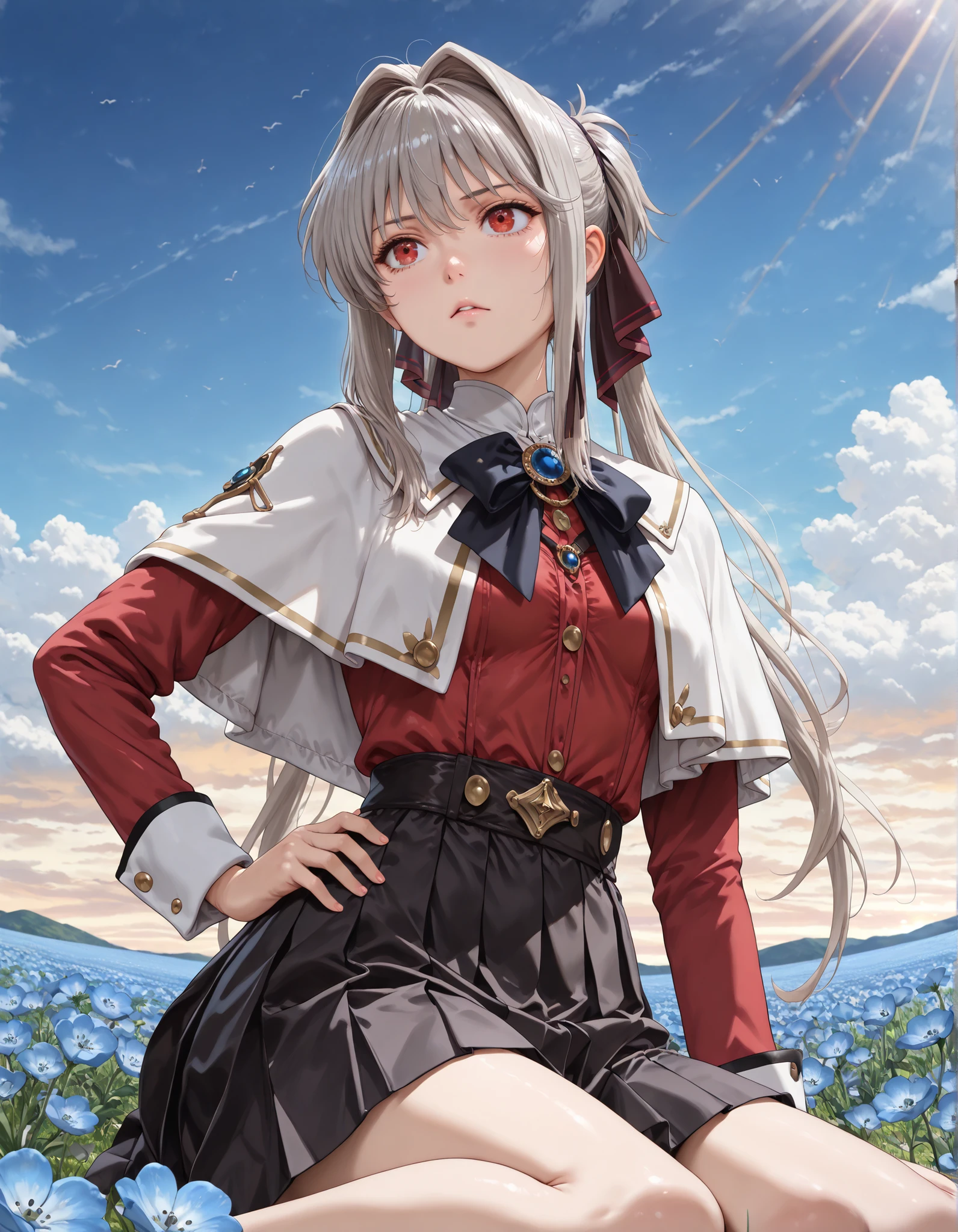 upper body, from below, sitting, wariza,(1girl, solo:1.3), masterpiece,best quality,amazing quality,((Lynne, lynneburg clays, long hair, red eyes, twintails, grey hair, hair intakes, hair ribbon, capelet, white capelet, dress, red dress, long sleeves, skirt, black skirt, pleated skirt )), (hand on hip:1.2) Outdoors, depth of filed, Light on Face, Portrait, Sunlight, skyporn, (field of Nemophila flowers) outdoors, (Nemophila:1.2) (realistic blue flower:1.1), (blue flower field look like sea), horizon, noon, detailed background