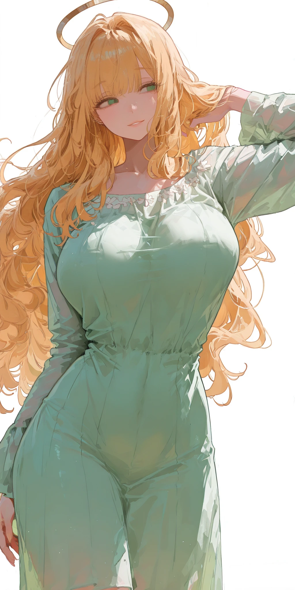 masterpiece, Best Quality, great quality,great details,8K,beautiful body ratio, solo,girl, front tilt, simple white background, droopy eyes, bright smile, angel like gentle motherly eyes, bright blonde hair, wavy long hair, bangs, green eyes, long hair,big breasts,slender waist,big ass,onepiece dress, front shot, looking straight