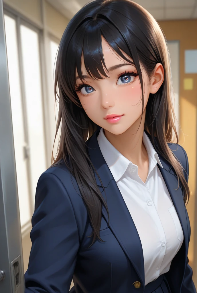 Animated girl posing with two other people in the background, Beautiful anime high school girl, beautiful anime girl, Attractive anime girl, beautiful alluring anime teen, pretty anime girl, Ilya Kuvshinov long hair, Beautiful anime woman, Portrait anime girl,  anime girls, Smooth anime CG art, Beautiful anime portrait, cute anime girl portraits