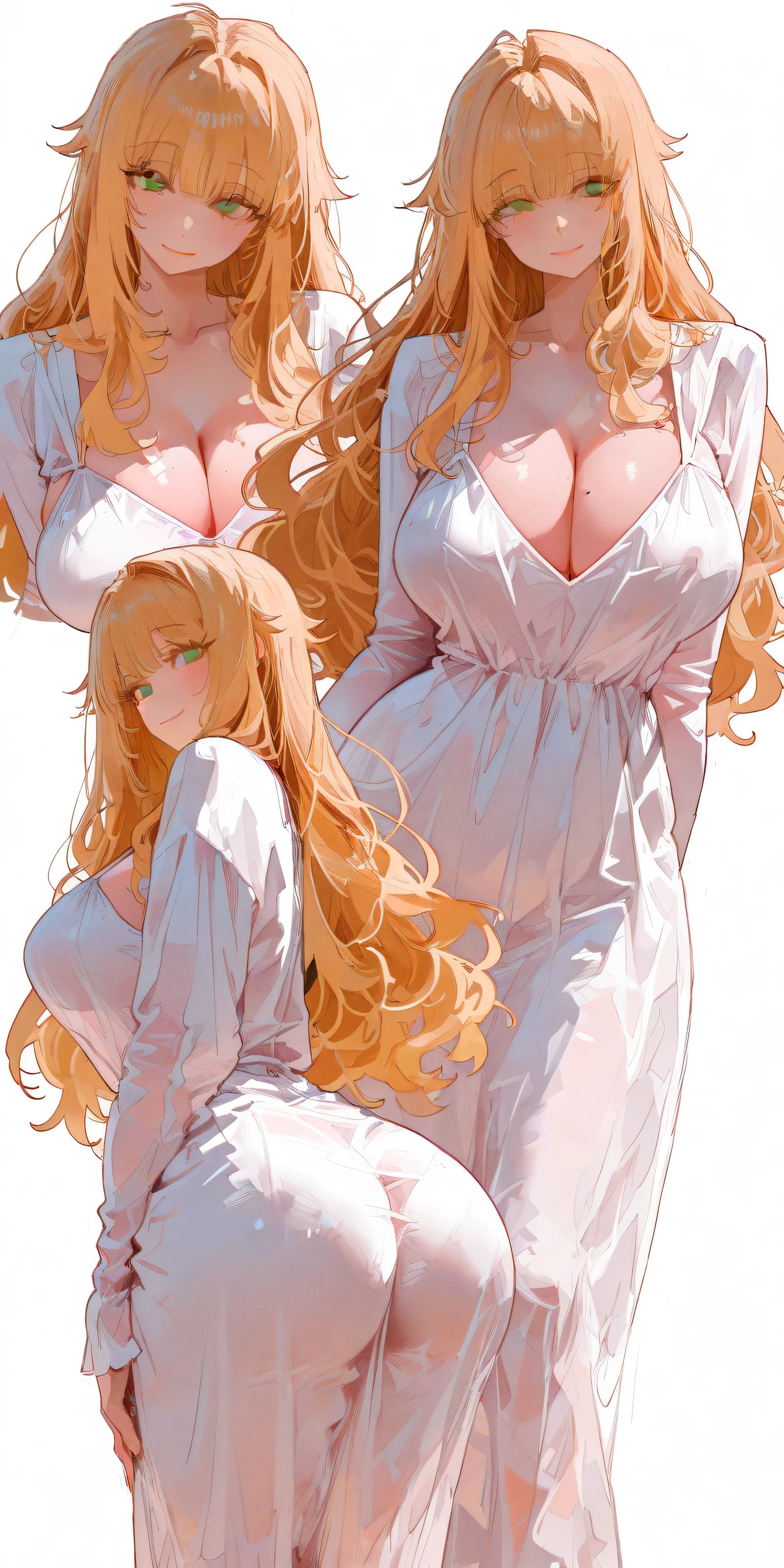 masterpiece, Best Quality, great quality,great details,8K,beautiful body ratio, solo,girl, front tilt, simple white background, cleavage, massive , bright smile, angel like gentle motherly eyes, bright blonde hair, wavy long hair, bangs, green eyes, long hair,big breasts,slender waist,big ass,onepiece dress, standing, looking at viewer, different poses