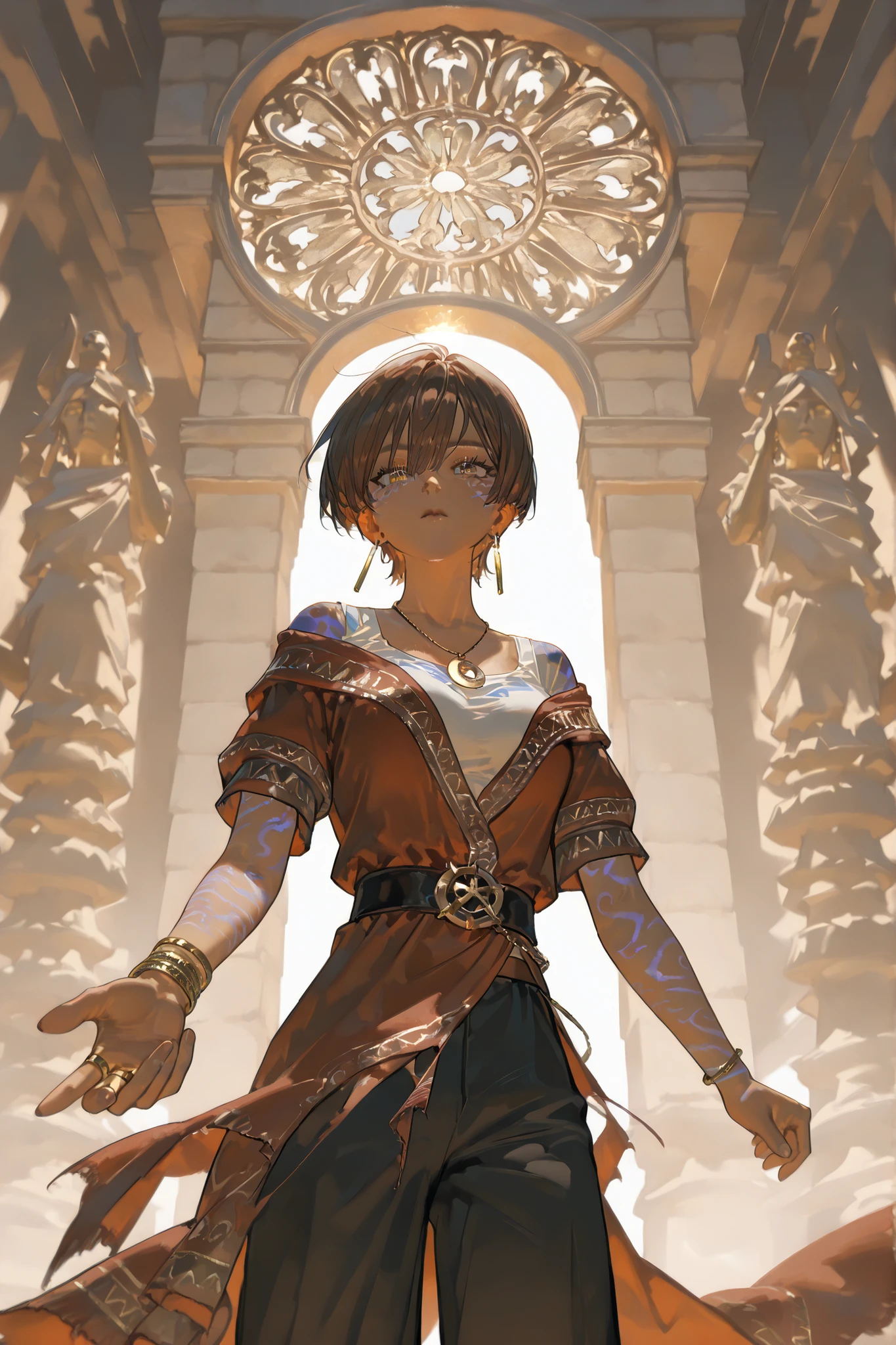 (dsrcressxl,) The sorceress is a jeweler, a master of artifacts.  She has tanned dark skin covered with ornate blue tattoos. she has short dark brown hair with a copper sheen, a boy's haircut. She has golden lips, bronze eyes and long dramatic eyelashes. She wears a desert outfit of white and yellow sandy shades consisting of a loose-fitting shirt, loose-fitting trousers, over which she wears a blue burnous, and a blue shemang. She has golden crescent moon pendants with gems on her clothes.  She wears a set of gold bracelets on her wrists and has many pendant rings and earrings in her ears. She holds a large amulet with a rainbow stone in her hands. ((IN the background:A desert landscape in which stands an ivory Arab tower with a golden dome. nearby there are stone and bronze statues of Persian swordsmen with paired curved sabers-Shamshires.))