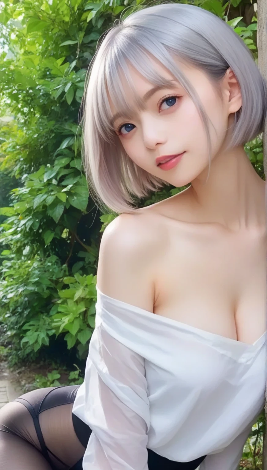 ((top-quality、8K、​masterpiece:1.3))、(１８Year old girl１a person:1.5)、beautiful woman with big emphasis:1.3、(short-haired、Super huge:1.8)、Super delicate face、Delicat eyes、二重まぶた、愛嬌あるA smile 、sexy deep red lips、Photorealsitic, face、((she is wearing a provocative suit、The chest is visible))、((G-Cup Colossus))、huge tight breasts、she has eyes similar to you、((she has clear silver hair))、Perfect litthing、Detailed Lighting、Dramatic shadows、A smile、A smile、A smile、She sits with her crotch open、pheromone:1.4、((Unreal Engine 5 Realistic Render))