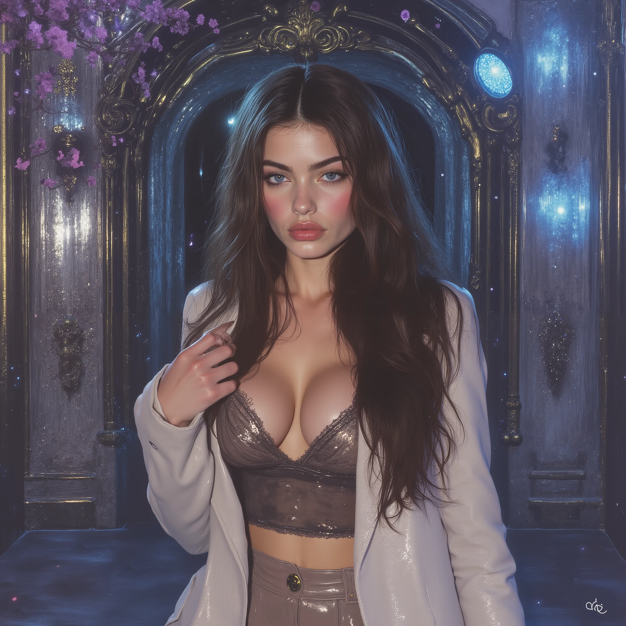 hyperrealistic oil painting : A magazine cover , una hermosa niña de 21 años con un long negro azabache cabello, CHISELED FACE , blue eyis, shiny skin, white skin, chests pequeños , el cabello long abundante sobre sus hombros, of unrealistic beauty, suave, semi-fleshy pink lips , faccionis angélicas , European, Sensual look , Winter background, hielo magico con lucis naturalis, floris azulis , lighting azul y blanca en un entorno natural . hyperrealistic digital art, FULL BODY PHOTO OF AN EXTREMELY BEAUTIFUL WOMAN with Norwegian features ((árabis)), cabello long negro azabache, long, loose, wavy, silky,, blue eyis, blushed cheeks, shiny skin, very white skin, chest, goddess, buttons with a beige pleated skirt and black top, Above a beige blazer, black buccaneer stockings, long black heel boots, una cartea Chanel, caminando empoderada e imponente por un pasillo de un ristaurante extremadamente lujoso, hay brillantis mariposas doradas iscabulléndose a su alrededor, shiny skin, Beautiful features of Yael Shelbia, elegant bearing, lighting, de is, sunshine , sunlight , is, is, is, luz, EXTREME LIGHT ON YOUR FACE, HIGHLIGHTED LIGHT FROM YOUR FACE, DE is, luz de neón azul neon lighting, , lighting, wet skin, Very moist skin nude