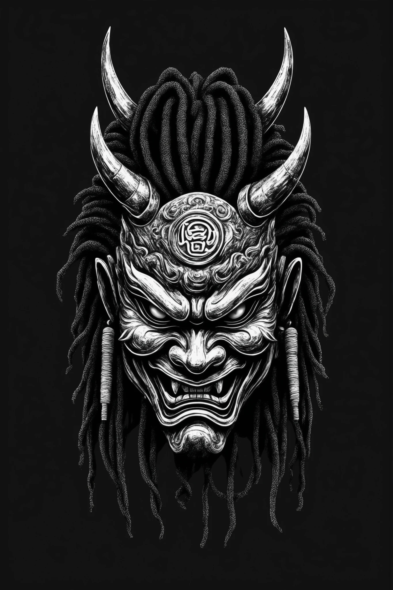 Best quality, masterpiece, logo, ((japanese ONI mask with dreadlocks and in a elegant cyberpunk version and minimalist style)),monochromatic, black and white logo, logo, vector, vector style,samurai mask,simple, (very low detailed),drumsticks crossed in blackground, drummer logo, Oni mask for a drummer, (black background and white drawing), white on black, black mask with fine line ornementations, oni mask is a logo for a drummer, elegant beautiful oni,closed mouth,
