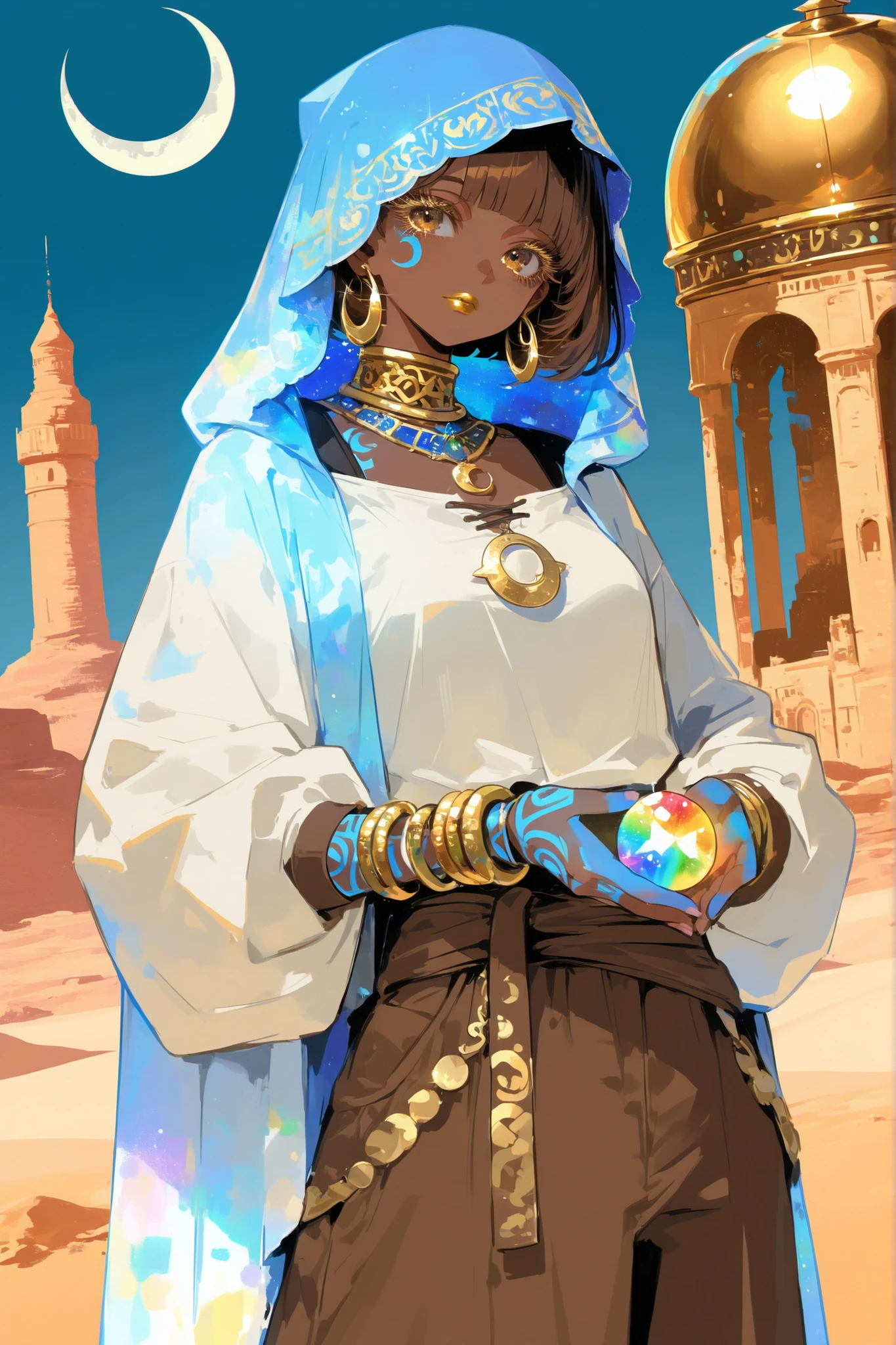 (0__11Xx_illu,duobaan,) The sorceress is a jeweler, a master of artifacts.  She has tanned dark skin covered with ornate blue tattoos. She has dark-brown shorty haircut with a copper sheen. She has golden lips, bronze eyes and long dramatic eyelashes. She wears a desert outfit :a white-yellow-brown sandy-shade loose-fitting shirt with long sleeves, loose-fitting trousers, over which she wears a sky-blue desert robe with hood, and a sky-blue turban with veil. She has golden crescent moon pendants with multicolored gems on her clothes.  She wears a set of gold bracelets on her wrists and has pendant hoop earrings. She holds a large amulet with a rainbow stone in her hands. she has paired curved arabian swords. ((IN the background:A desert landscape in which stands an ivory Arab tower with a golden dome.))
