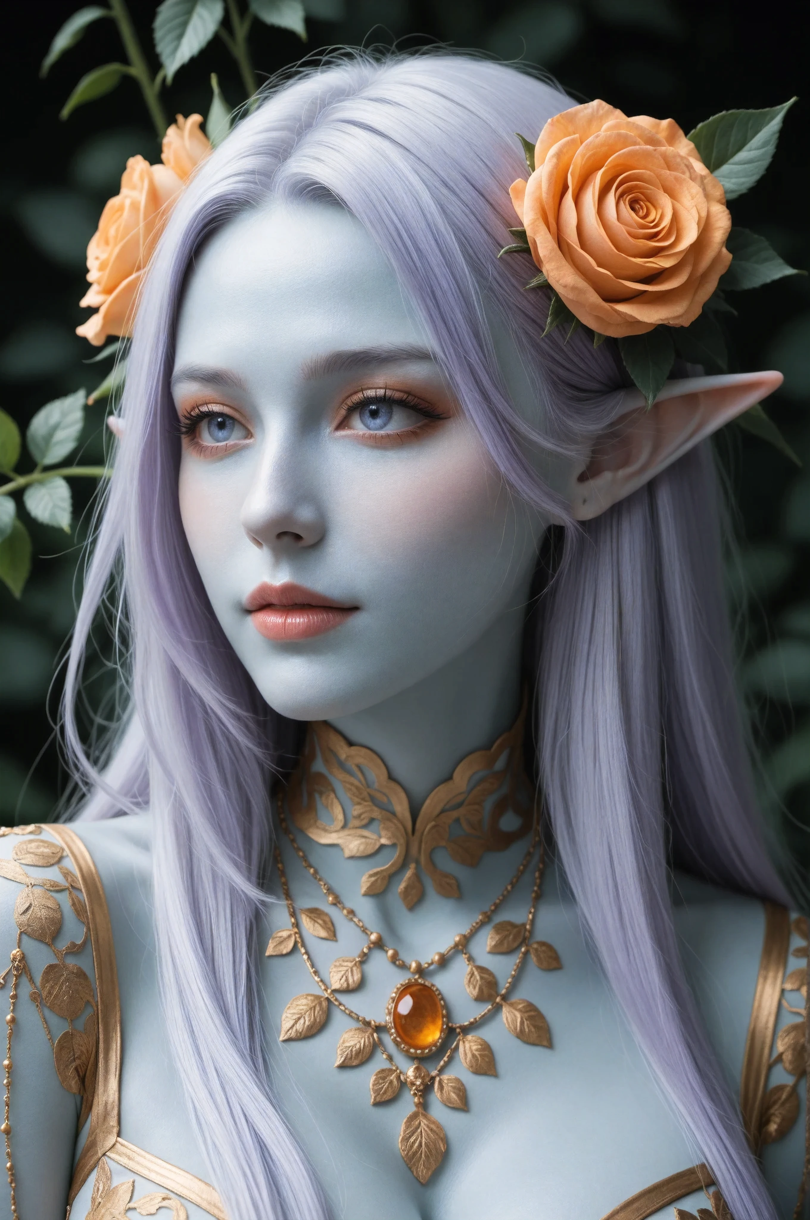 digital painting, blue skin, ethereal elf girl with long, flowing, light purple hair, wearing a delicate orange and rose-gold adornment in her hair and around her neck. Focus on soft, pastel, and muted colors with a light, whimsical style and detailed, realistic facial features, emphasizing soft highlights on the skin and hair and intricate, delicate patterns, holographic details, masterpiece, best quality,absurdres