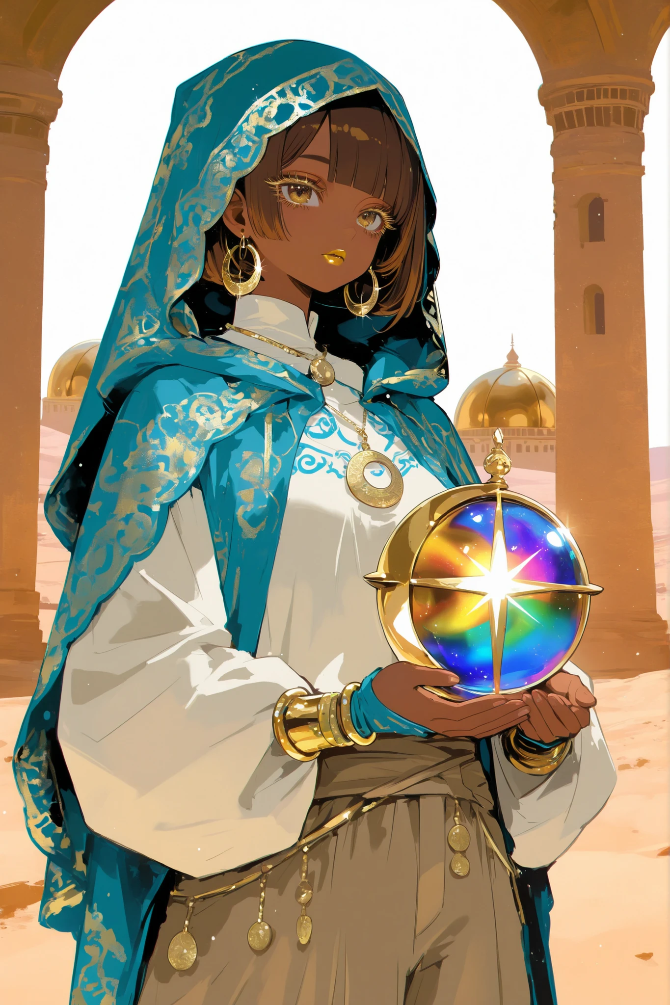 (0__11Xx_illu,duobaan,) The sorceress is a jeweler, a master of artifacts.  She has tanned dark skin covered with ornate blue tattoos. She has dark-brown shorty haircut with a copper sheen. She has golden lips, bronze eyes and long dramatic eyelashes. She wears a desert outfit :a white-yellow-brown sandy-shade loose-fitting shirt with long sleeves, loose-fitting trousers, over which she wears a sky-blue desert robe with hood, and a sky-blue turban with veil. She has golden crescent moon pendants with multicolored gems on her clothes.  She wears a set of gold bracelets on her wrists and has pendant hoop earrings. She holds a large amulet with a rainbow stone in her hands. she has paired curved arabian swords. ((IN the background:A desert landscape in which stands an ivory Arab tower with a golden dome.))